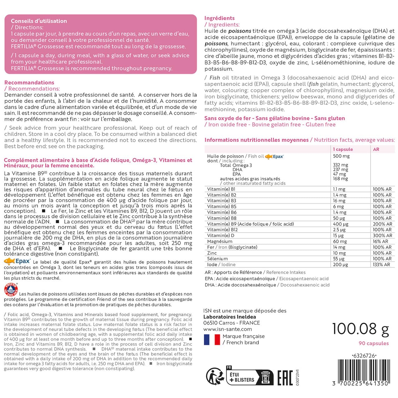 ISN - Fertilia® Grossesse - Complément alimentaire à base de nutriments essentiels pour le bien-être de la femme enceinte & le développement de bébé - Riche en Omega 3 - Cure 3 mois