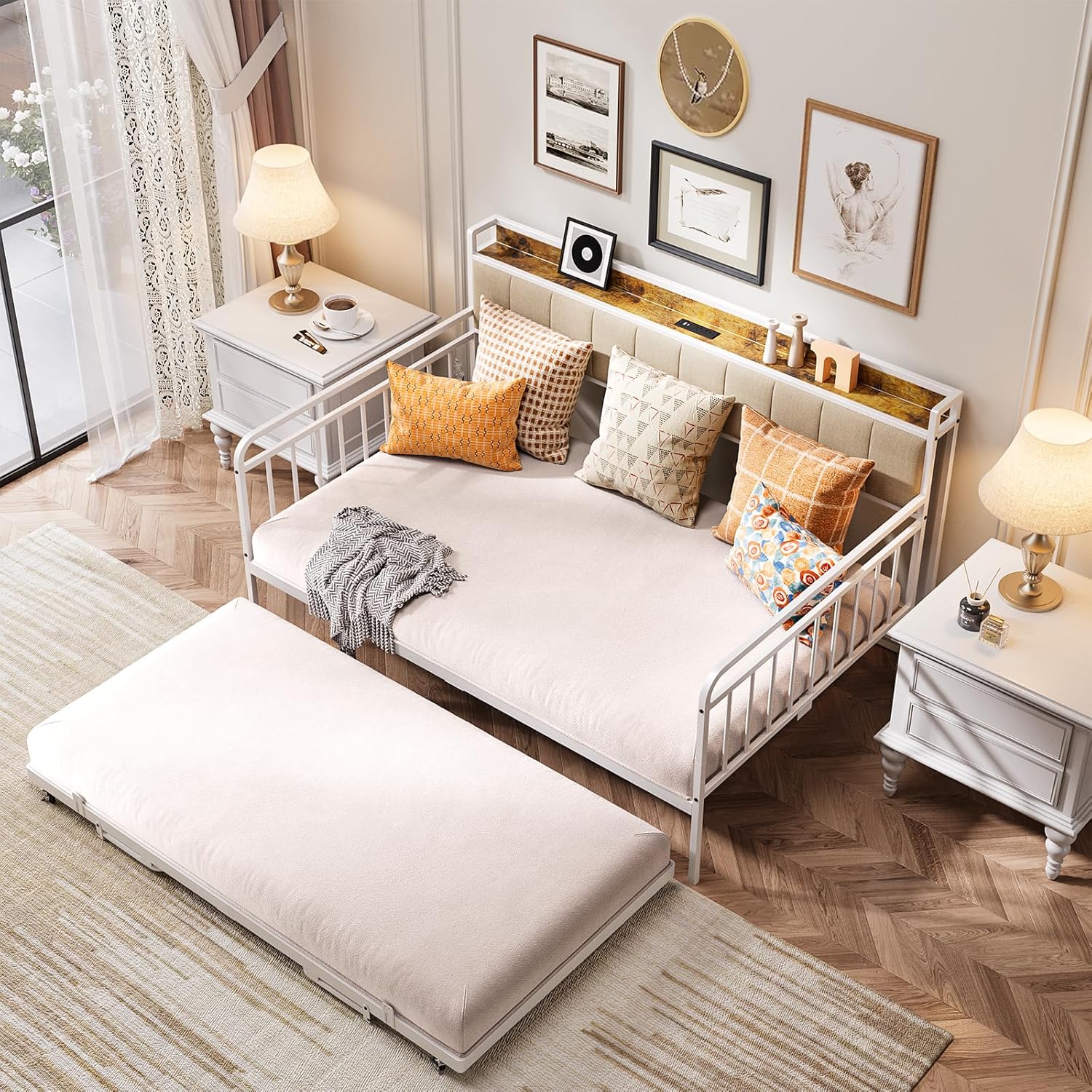 Gizoon Daybed with Trundle, Full Bed Frame with Upholstered Headboard and Charging Station, Sturdy Metal Sofa Bed with Steel Slat Support for Living Room, Bedroom and Guest Room, Beige