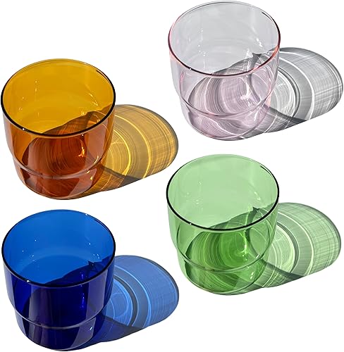Juego de 4 vasos de vidrio de colores (10 onzas)  Cristalería apilable RetroVintage  Jugo, café, agua, vasos de cóctel (verde, ámbar, azul, rosa)