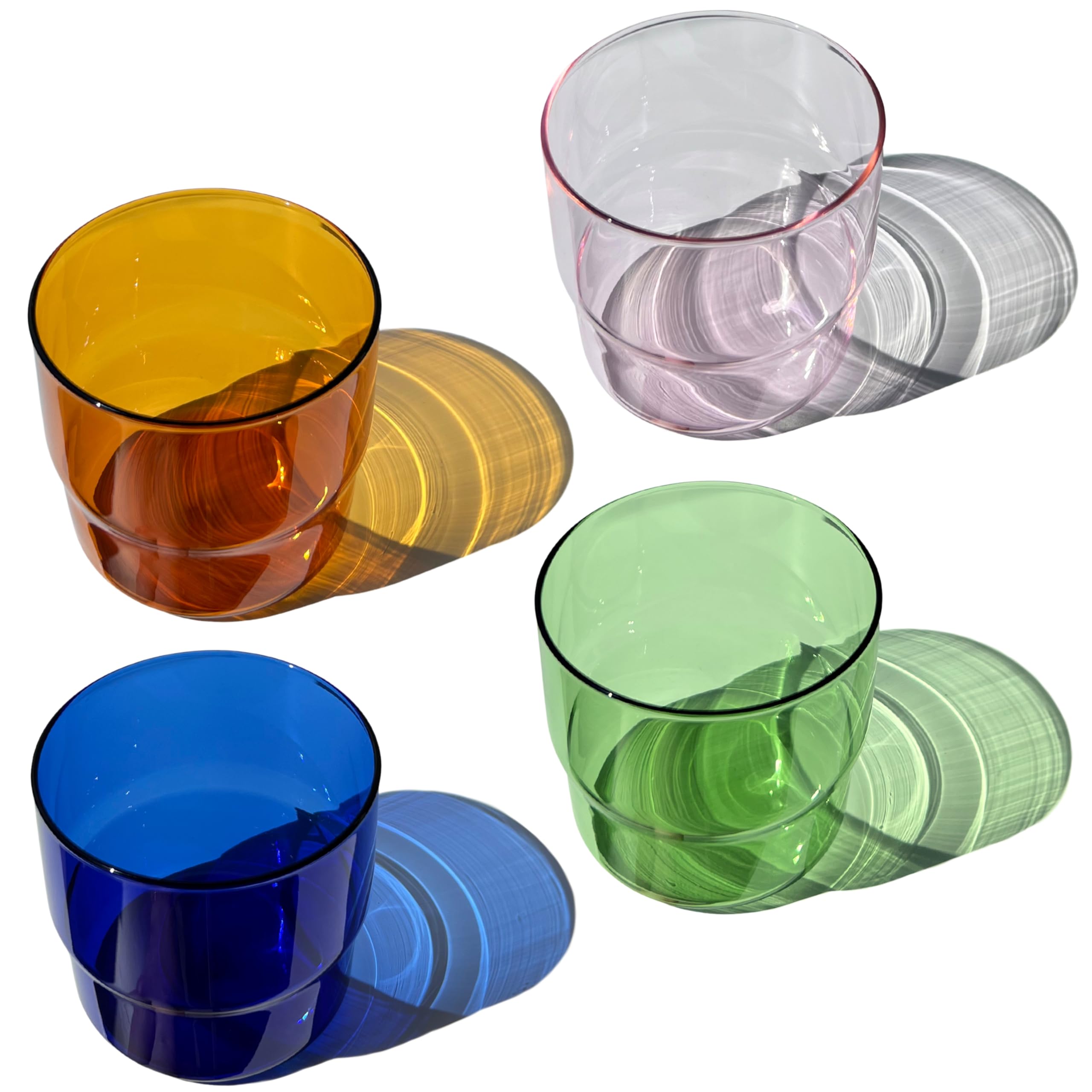 Sakura Ultra Set of 4 Colored Glass Cups (10oz) - Retro/Vintage Stackable Glassware - Juice, Coffee, Water, Cocktail Drinking Glasses/Cup/Tumbler (