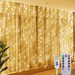 Cortina Luz LED, 3x6M com 600 Lâmpadas LED, Interface USB com Controle Remoto, 8 Funções de Iluminação, À Prova D'Água para Decoração Festiva e Uso no Natal. (Iluminação Branca Quente)