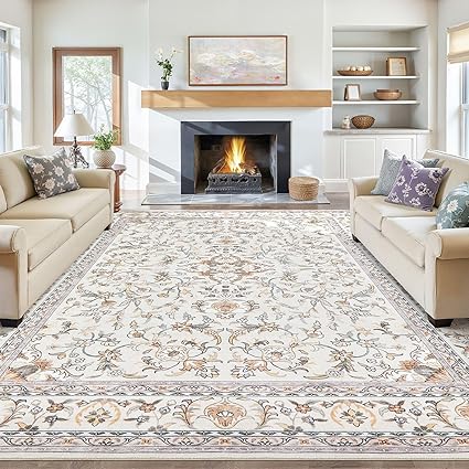 Tortania Area Rug Living Room Rugs - 9x12 Washable Boho Rug Vintage Oriental Distressed Farmhouse Large Thin Indoor Carpet for Living Room Bedroom Under Dining Table Home Office - Floral Beige