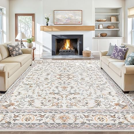 Tortania Area Rug Living Room Rugs - 9x12 Washable Boho Rug Vintage Oriental Distressed Farmhouse Large Thin Indoor Carpet for Living Room Bedroom Under Dining Table Home Office - Floral Beige