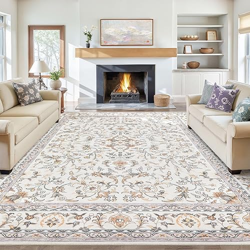 Tortania Area Rug Living Room Rugs - 10x14 Washable Boho Rug Vintage Oriental Distressed Farmhouse Large Thin Indoor Carpet for Living Room Bedroom Under Dining Table Home Office - Floral Beige