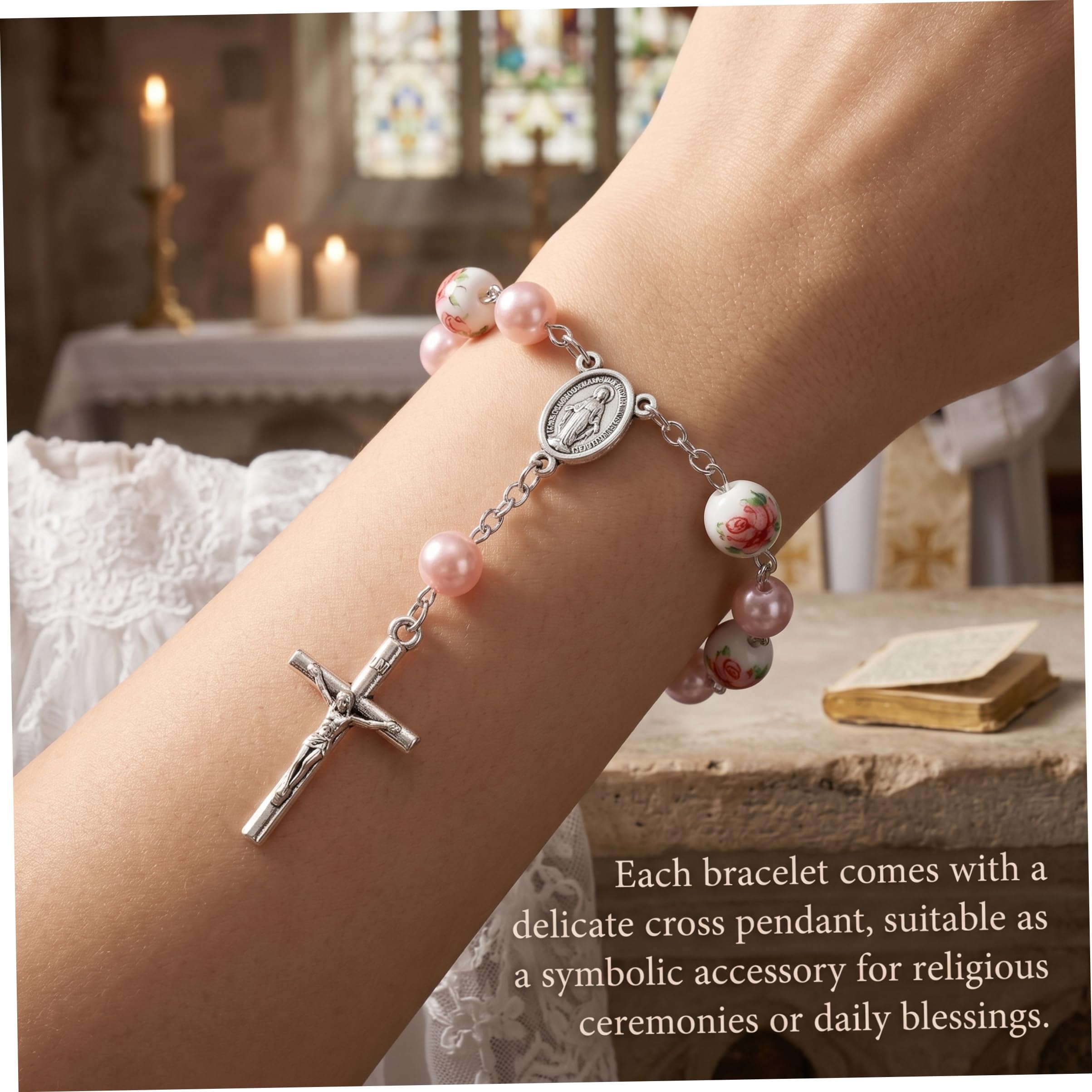 Mini-Rosenkranz, 50 Stück, Tauf-Rosenkranz, Gastgeschenke, Keramik-Blumenperlen-Armbänder mit Kreuz-Anhänger für Taufe, Hochzeiten, Erstkommunion, 5, 6 cm.