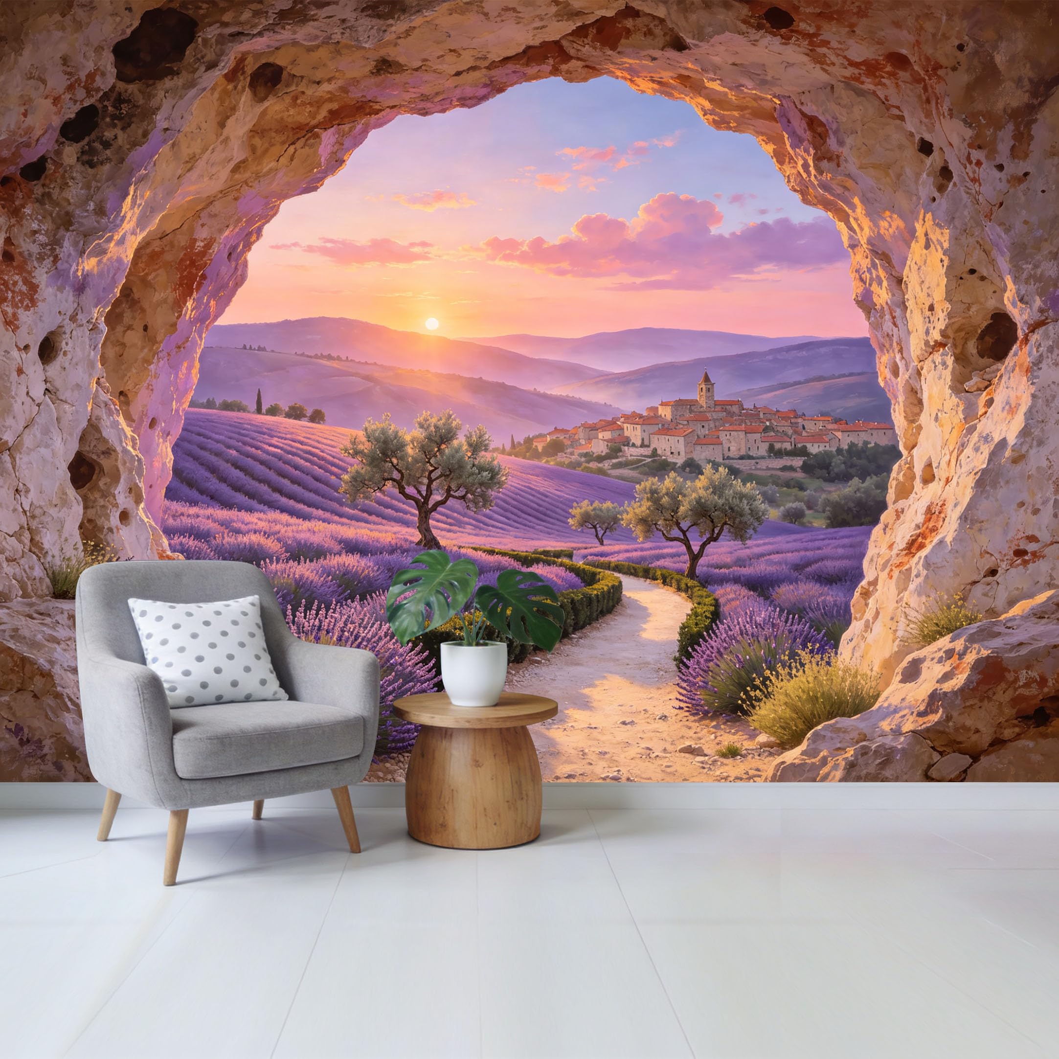 Custom Size Wall Mural Lavender Field Sunset Landscape Stone Cave View Removable Self Adhesive Fabric Home Wall Decor for Living Room Bedroom Bathroom