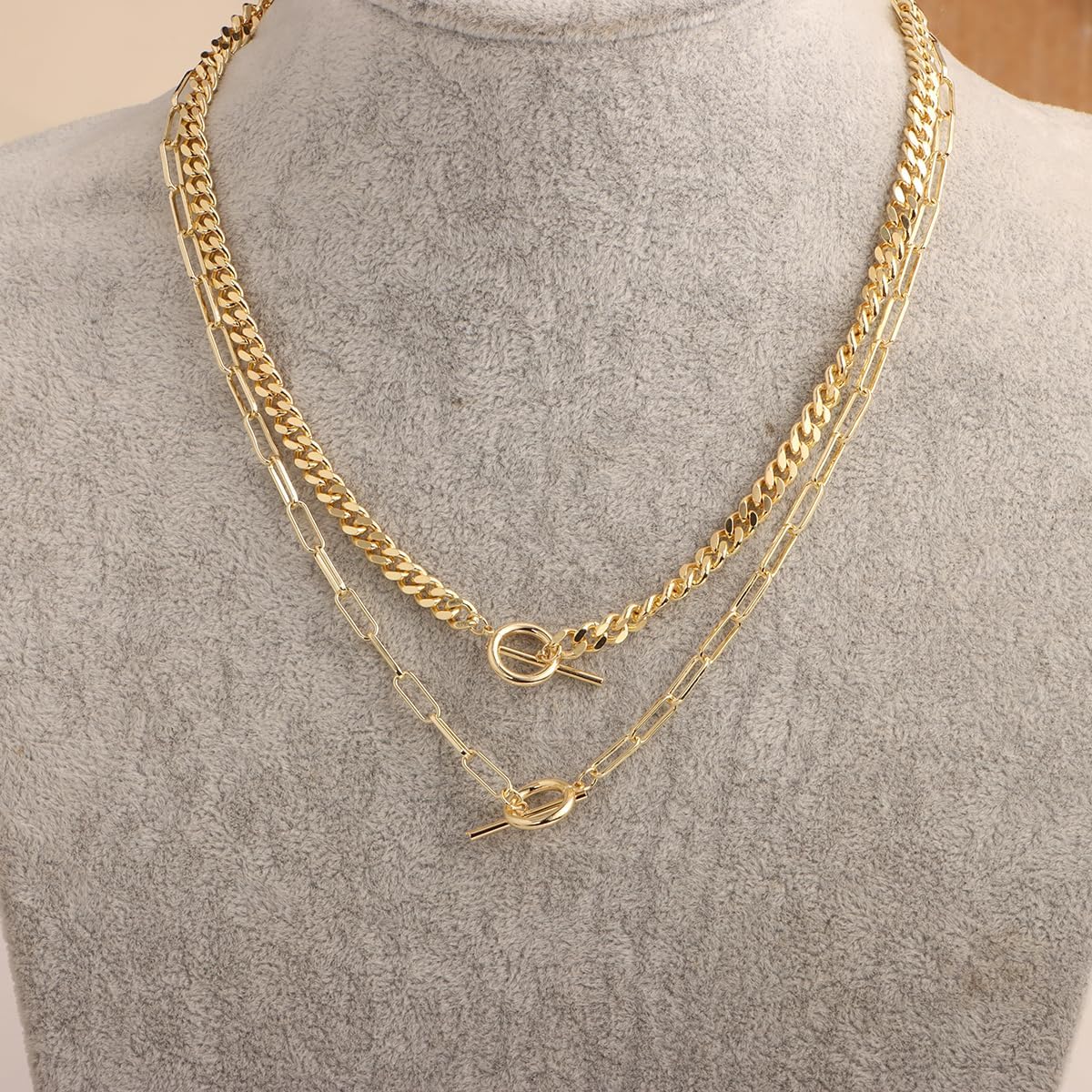 Layered Necklaces for Women Trendy 14K Gold Plated Toggle Necklace Cuban Link Chain Paperclip Chain Stack Necklace Jewelry - Image 9