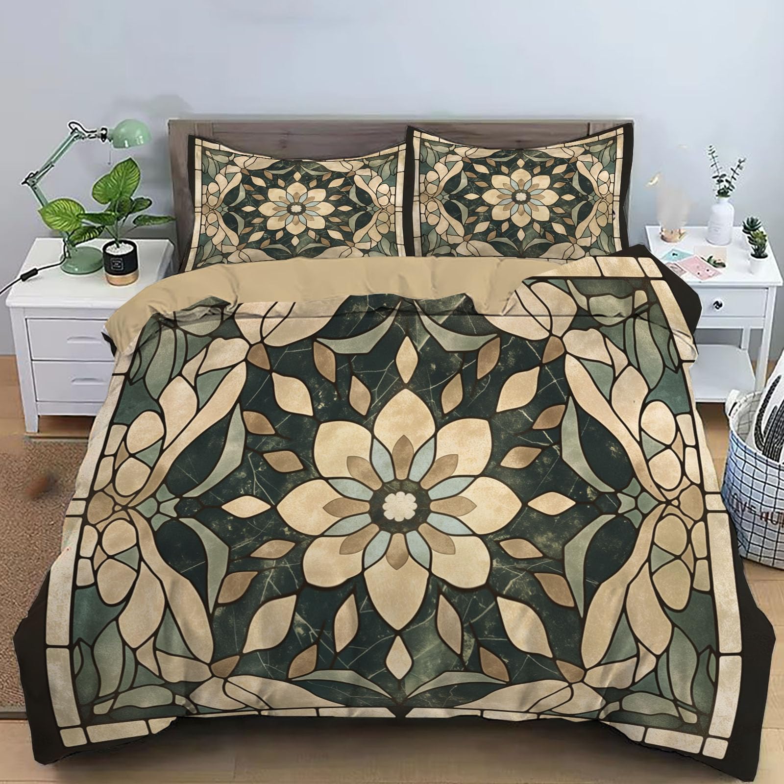 Parure de lit 260x240 vert foncé en microfibre douce et réversible