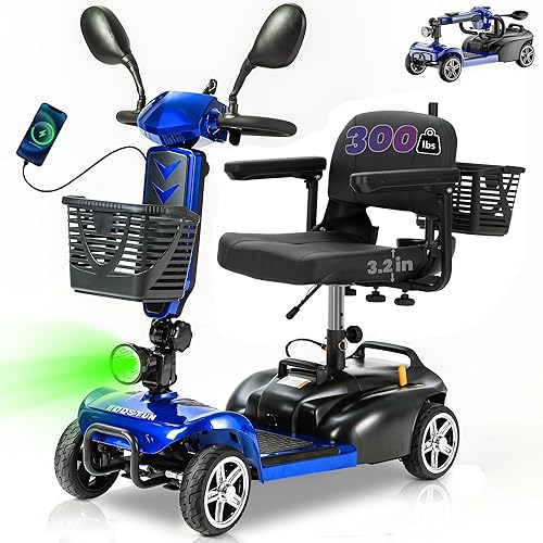 4-Wheel Mobility Scooter for Seniors & Adults, Foldable Electric Scooter 300 lbs, Removable 15-Mile Battery, Portable Travel Scooter, Dual Mirrors, USB Port, Front & Rear Baskets(FSA/HSA Eligible)