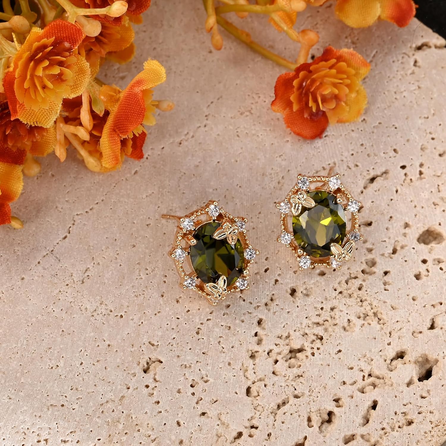 Gold Plated Oval Peridot Stud Earrings for Women with Butterfly and Cubic Zirconia Olive Green Earrings Studs for August Birthstone Jewelry - Image 7
