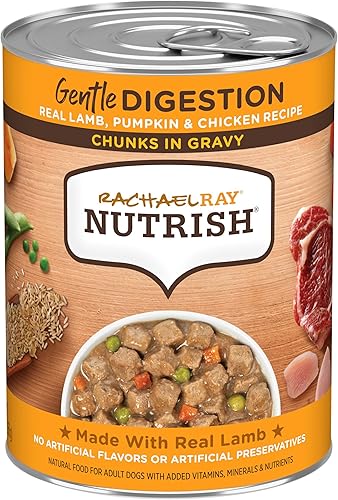 Rachael Ray Nutrish Chunks in Gravy - Alimento húmedo para perros de digestión suave, receta de cordero real, calabaza y pollo, latas de 13 onzas disponible en Yaxa Colombia
