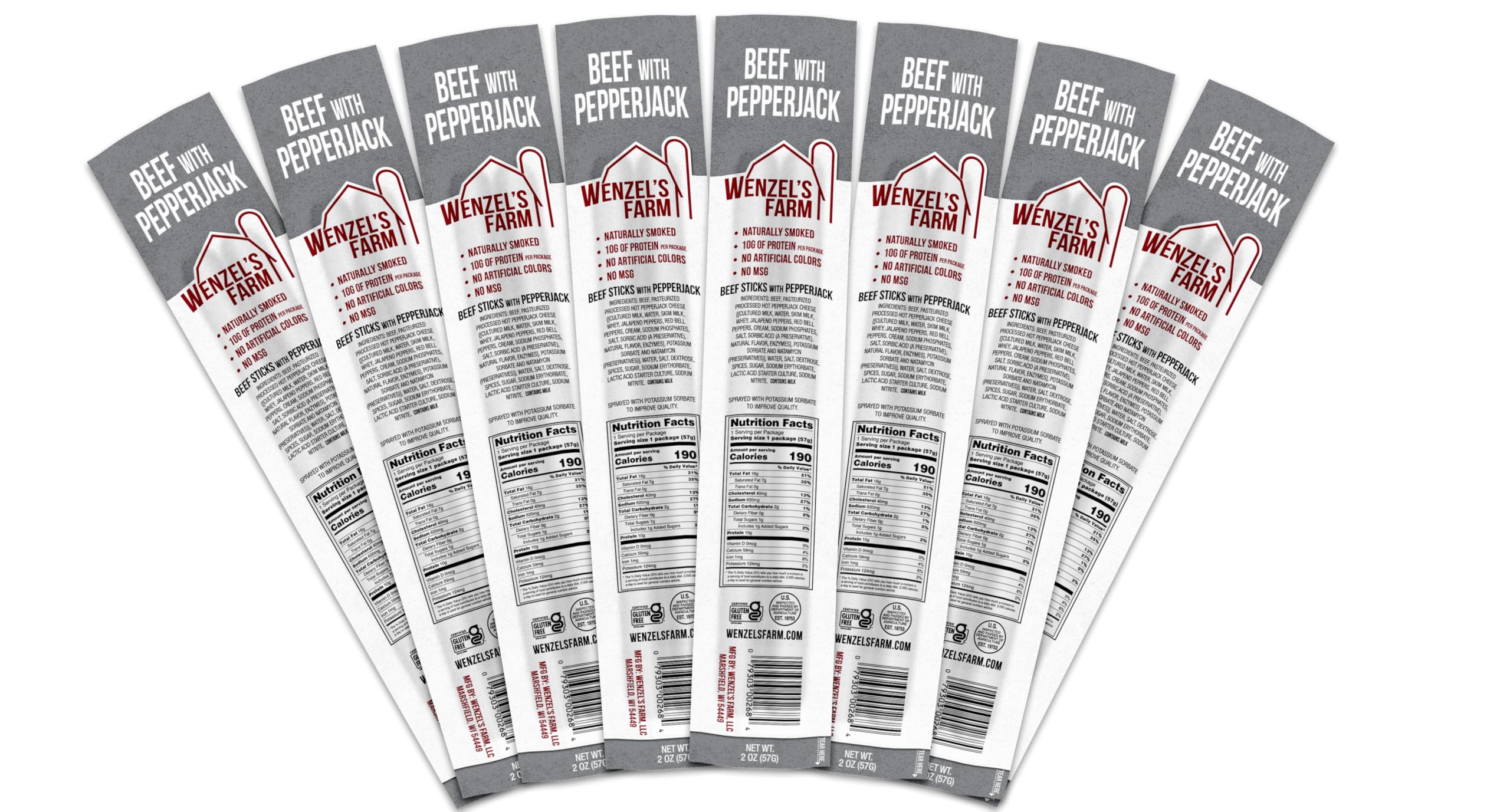 Wenzel’s Farm Beef with Pepperjack Sticks │Snack Sticks │ Flavorful, Natural Smoked │ High Protein, Low Carb │ No MSG, Fillers, Binders, Artificial Colors │ Gluten Free | 16 sticks (8 packs of 2)