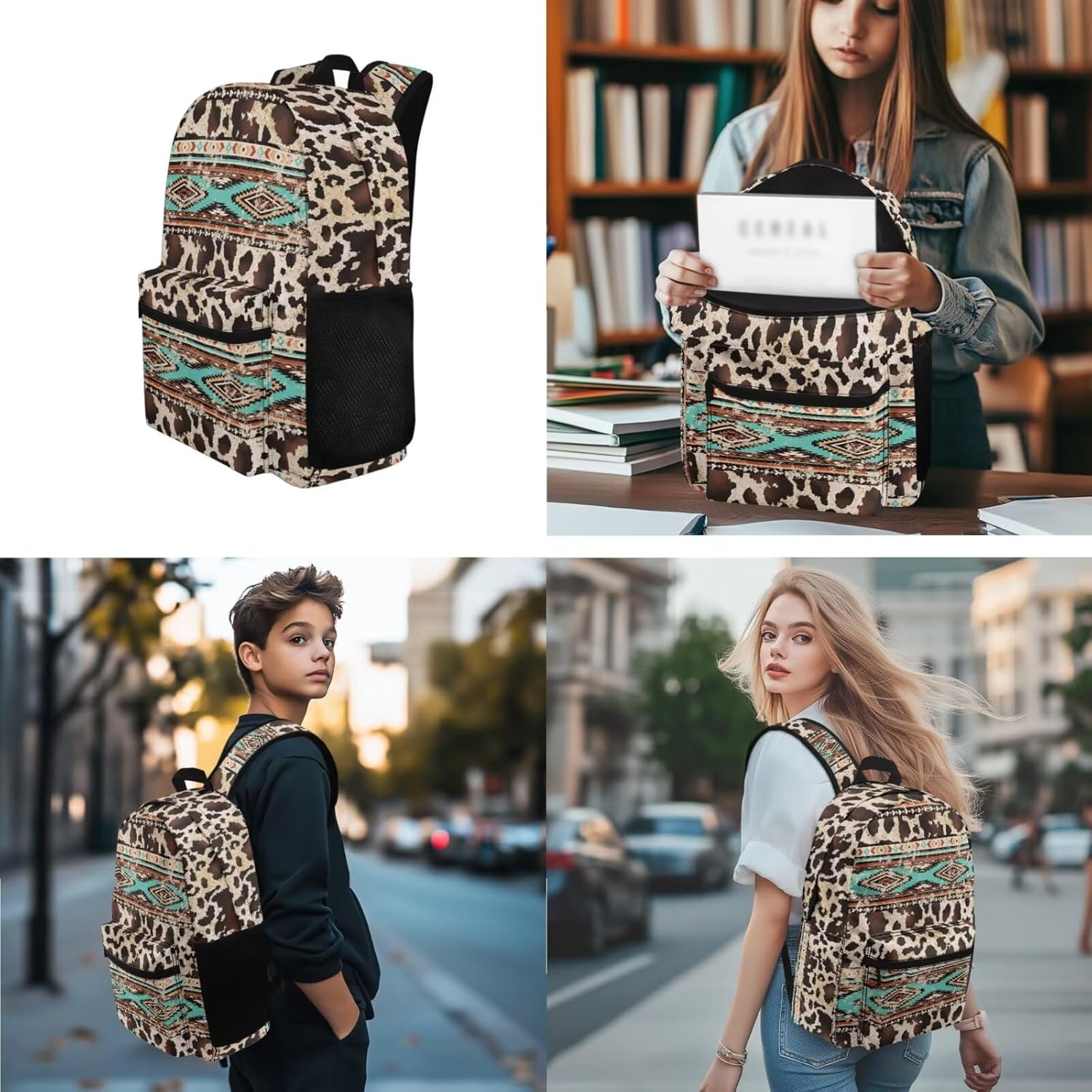 School Bag 3 pc Cute Backpack for School Aztec-style Cow Print,17 Inch Elementary to Middle School Students, Book Bag for Boys and Girls Daily Commute. - Image 2