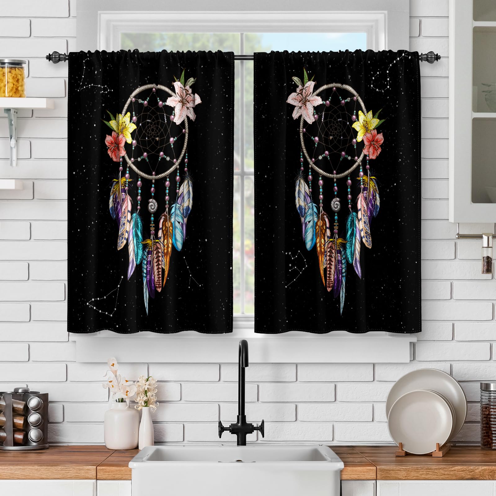 Jekeno Wind Chimes Black Kitchen Curtains, Fantasy Short Curtains for Kitchen Window Dreamcatcher Rod Pocket Romantic Dream Catcher Window Drapes 36