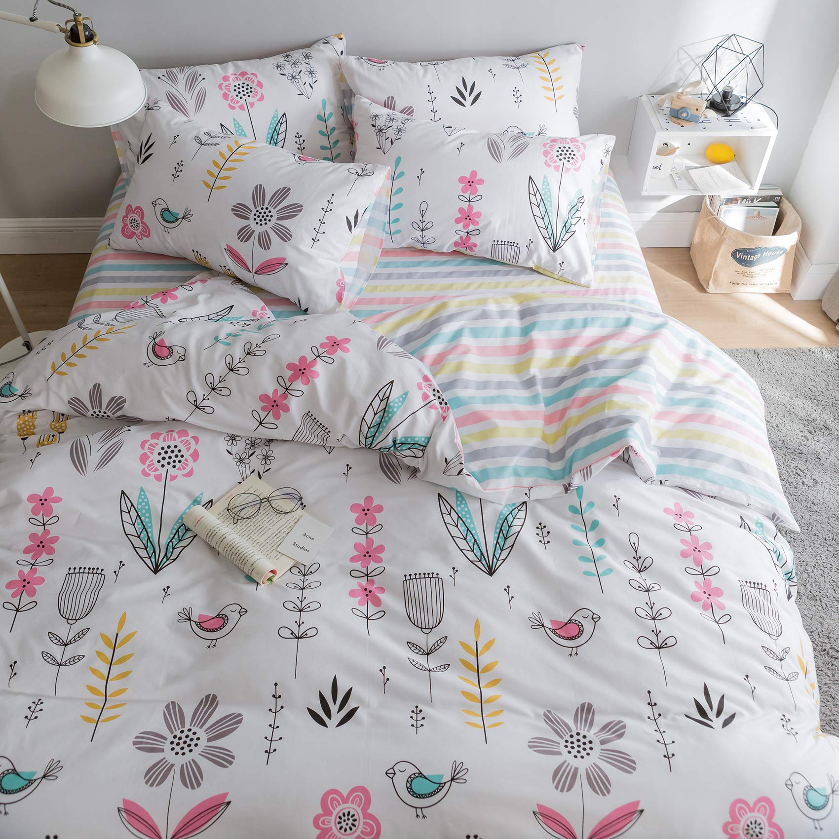 BuLuTuFloral Bird Print Pattern Girls Boys Duvet Covers Queen White Premium Cotton Nature Blossom Colorful Reversible Kids Bedroom Comforter Cover Full Bedding Sets for Teen Toddler,Zipper Closure