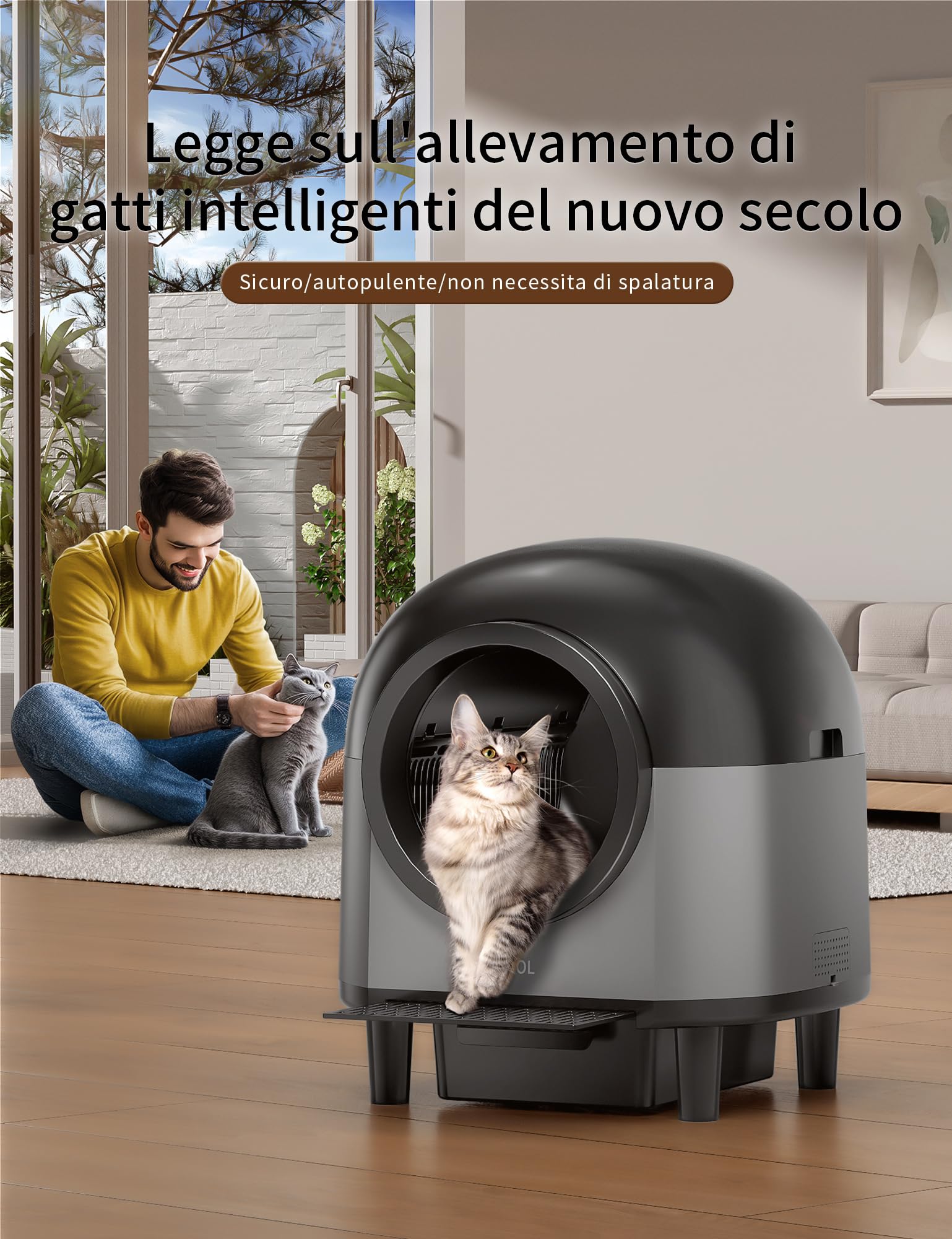 Lettiera Per Gatti Autopulente Intelligente, Lettiera Automatica con 10 Sensori, Lettiera Elettrica da 100 litri con Gradini per più gatti, Controllo Tramite App (nero)