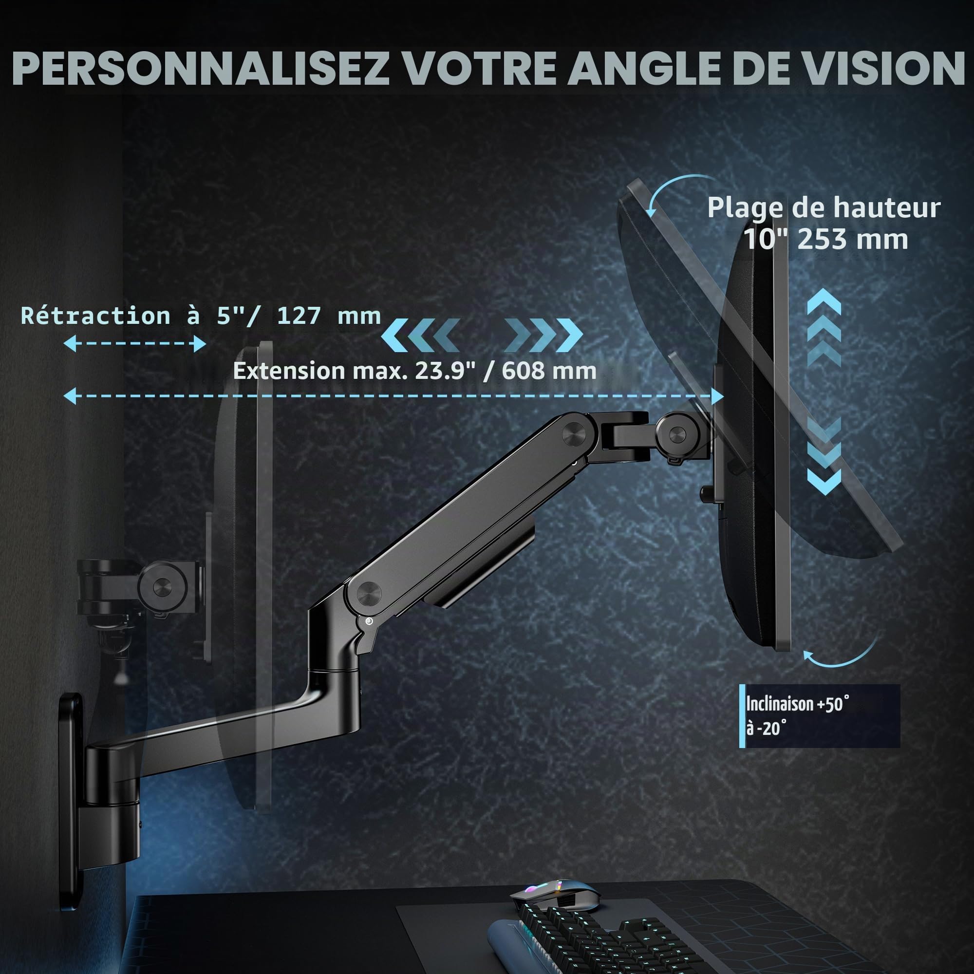 ARES WING Support Mural pour Écrans de 17 à 49 Pouces, Noir | Bras Ecran PC à Ressort à Gaz de 20 kg, Inclinaison, Pivotement, Rotation et Hauteur Réglable, Max VESA 75/100mm