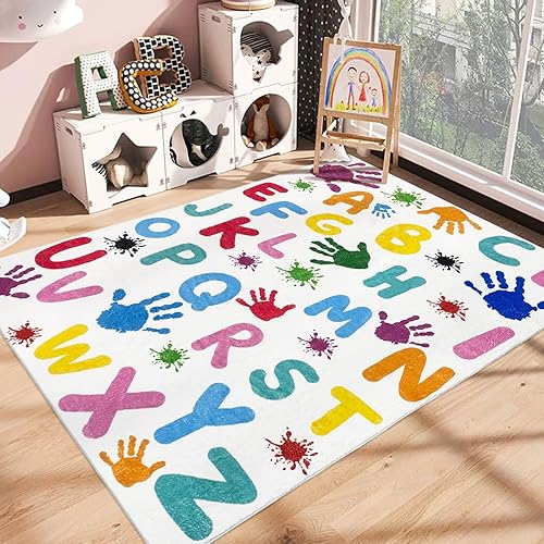 USTIDE Alfombra grande y colorida para niños, de 5 x 7 pies, alfombra ABC con estampado de manos para sala de juegos, alfombra de juego lavable