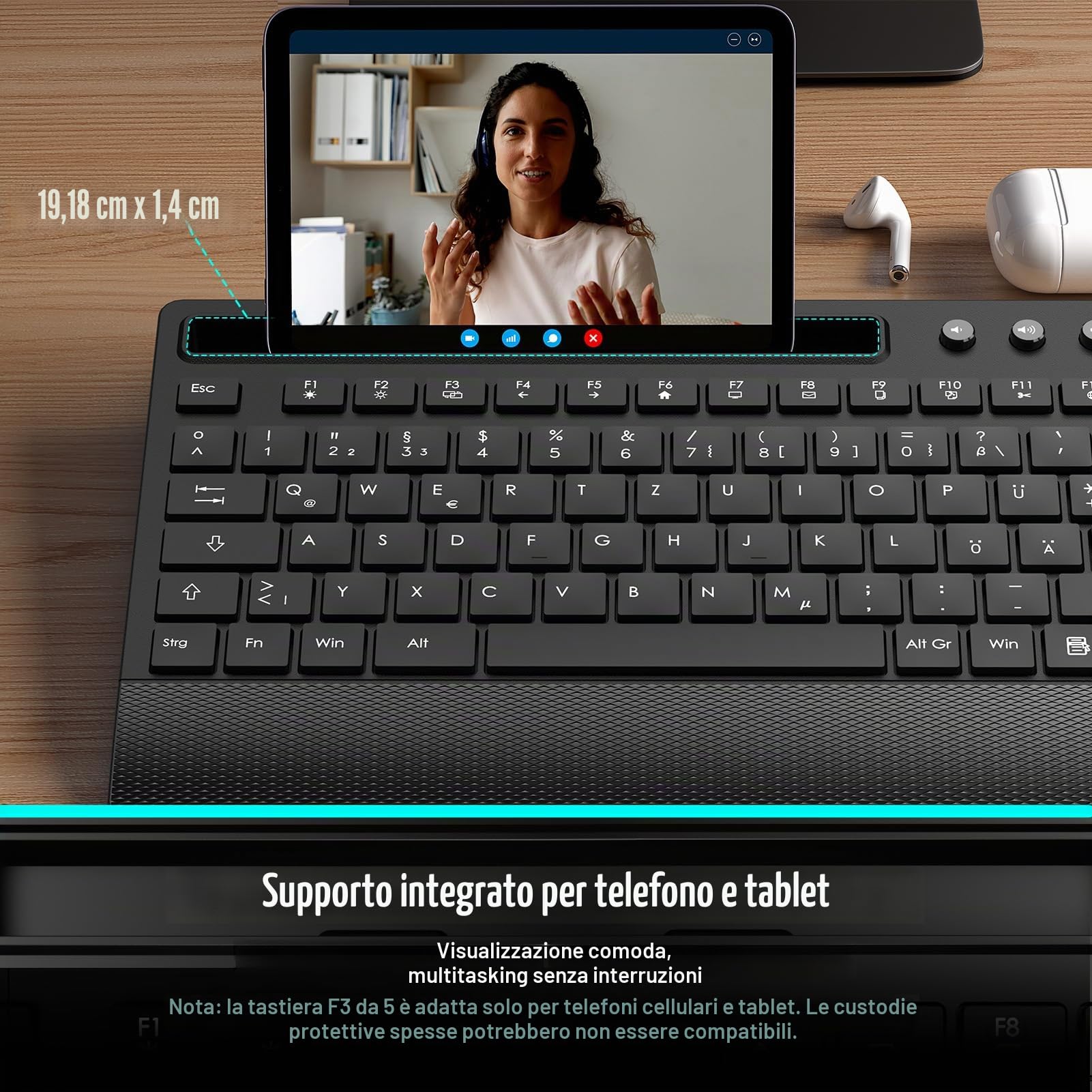 Set tastiera senza fili, tastiera silenziosa da 2,4 GHz con poggiapolsi, supporto per telefono, tasti multimediali, set wireless per Windows, Chrome OS, PC, laptop (batterie) (nero)