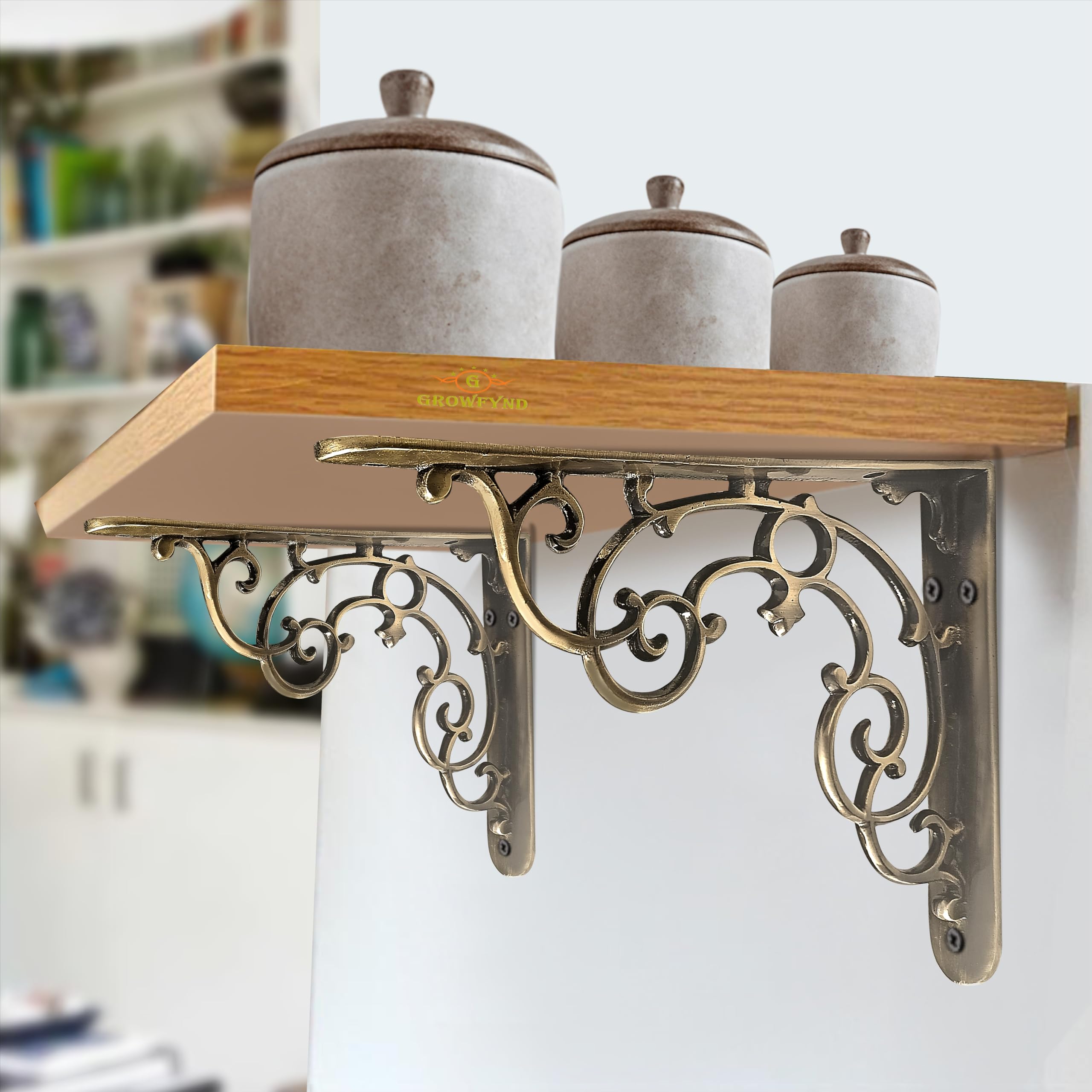 Metal Handcrafted Shelf Bracket for Floating Shelves Decorative L Angle Shaped Corner Brace Joint Heavy Duty Wall Mounted Supporter Corner Brace Holder (Brass Antiq, 11 inch (28 cm))-image-24