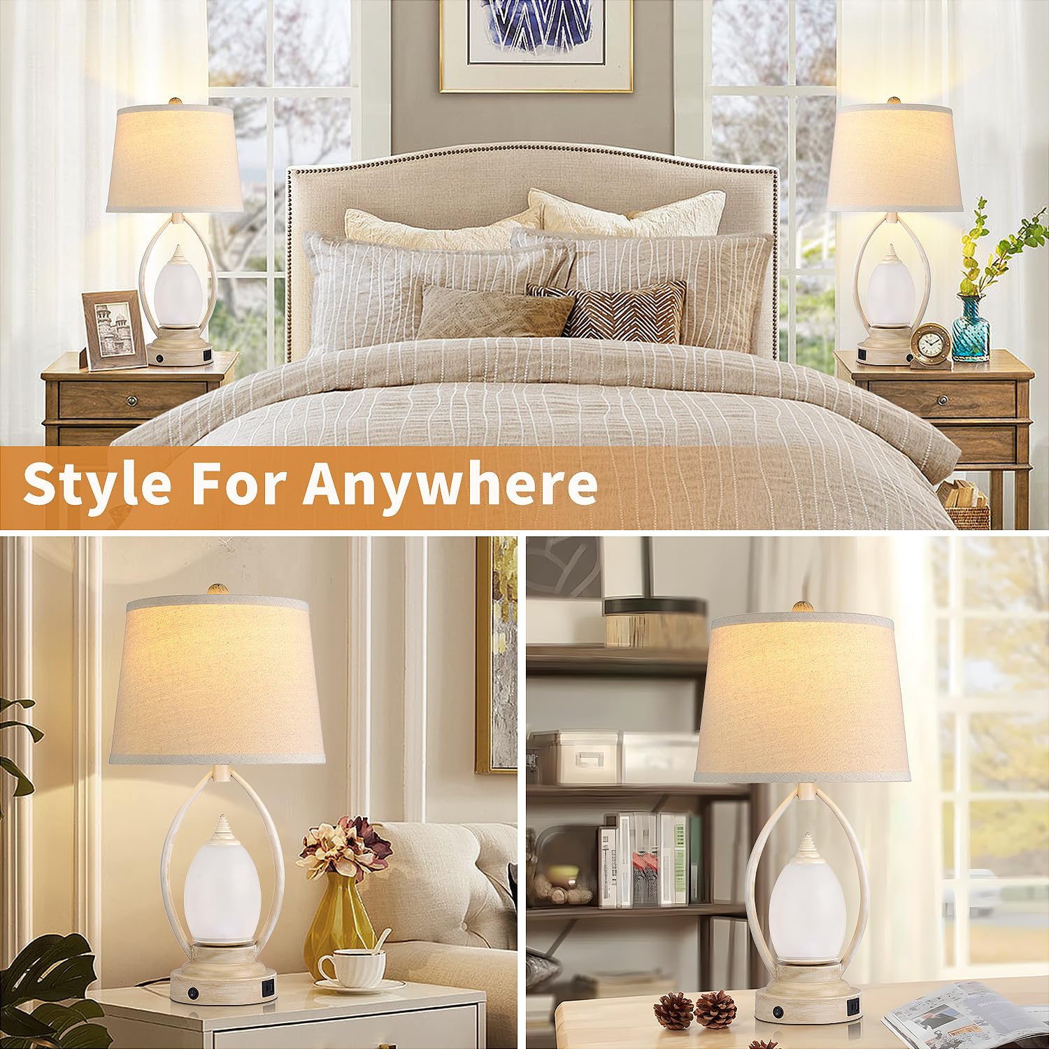 Modern Table Lamps Set of 2, 3-Way Lighting Modes Table Lamps for Bedroom, Bedside Lamps with USB Charging Port &Type C, Glass Nightstand Lamps, 24" Table Lamps for Living Room Decor