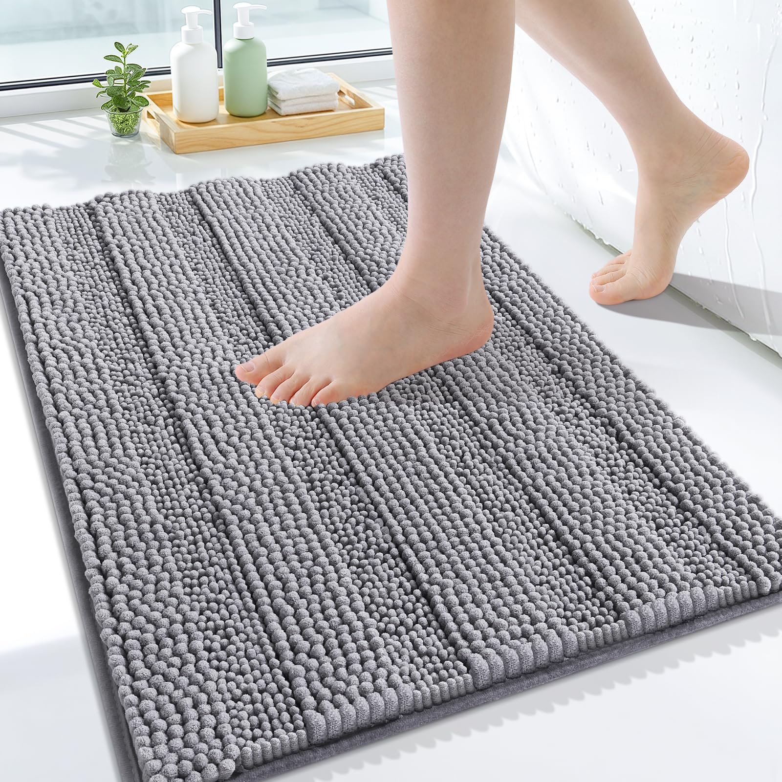 Grandaily Chenille Bathroom Rugs 24x16, Soft Absorbent Bath Mats, Grey