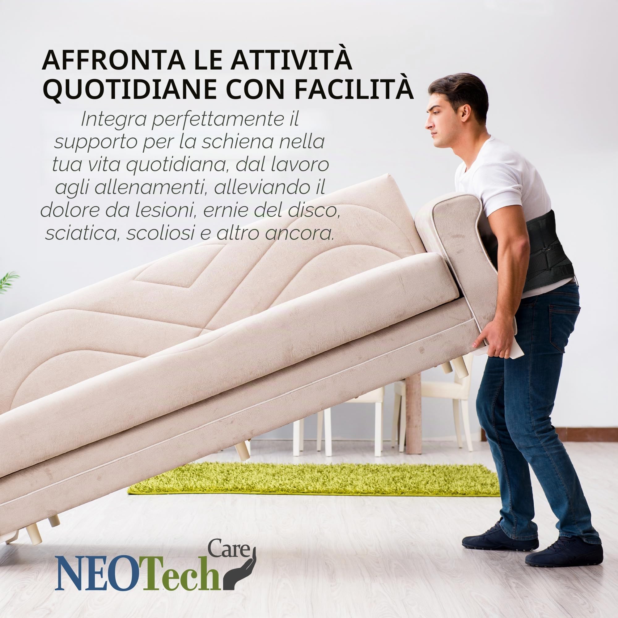 NEOtech Care - Fascia per schiena/parte bassa della schiena - Regolabile con doppio strappo - materiale traspirante e leggero - AMPIO supporto (Nero, L)