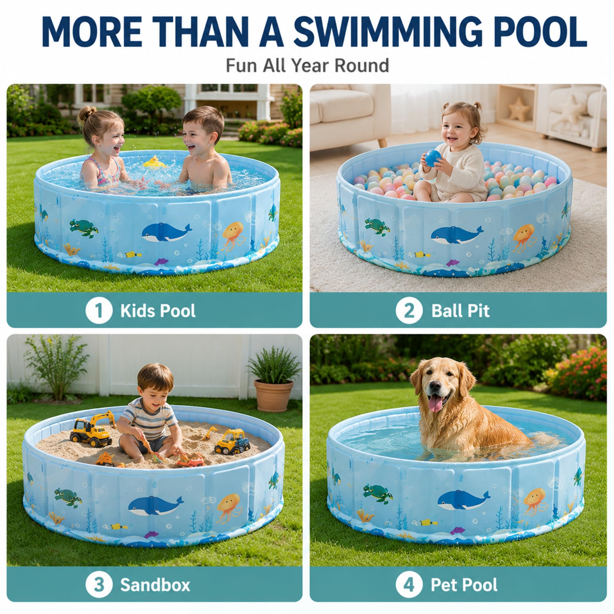 Piscina Bambini Pieghevole, Piscina Rigida Senza Gonfiaggio da Giardino | Piscina Portatile con Pannelli PVC Resistenti, Scarico Rapido e Salvaspazio per Esterni(39.4in)