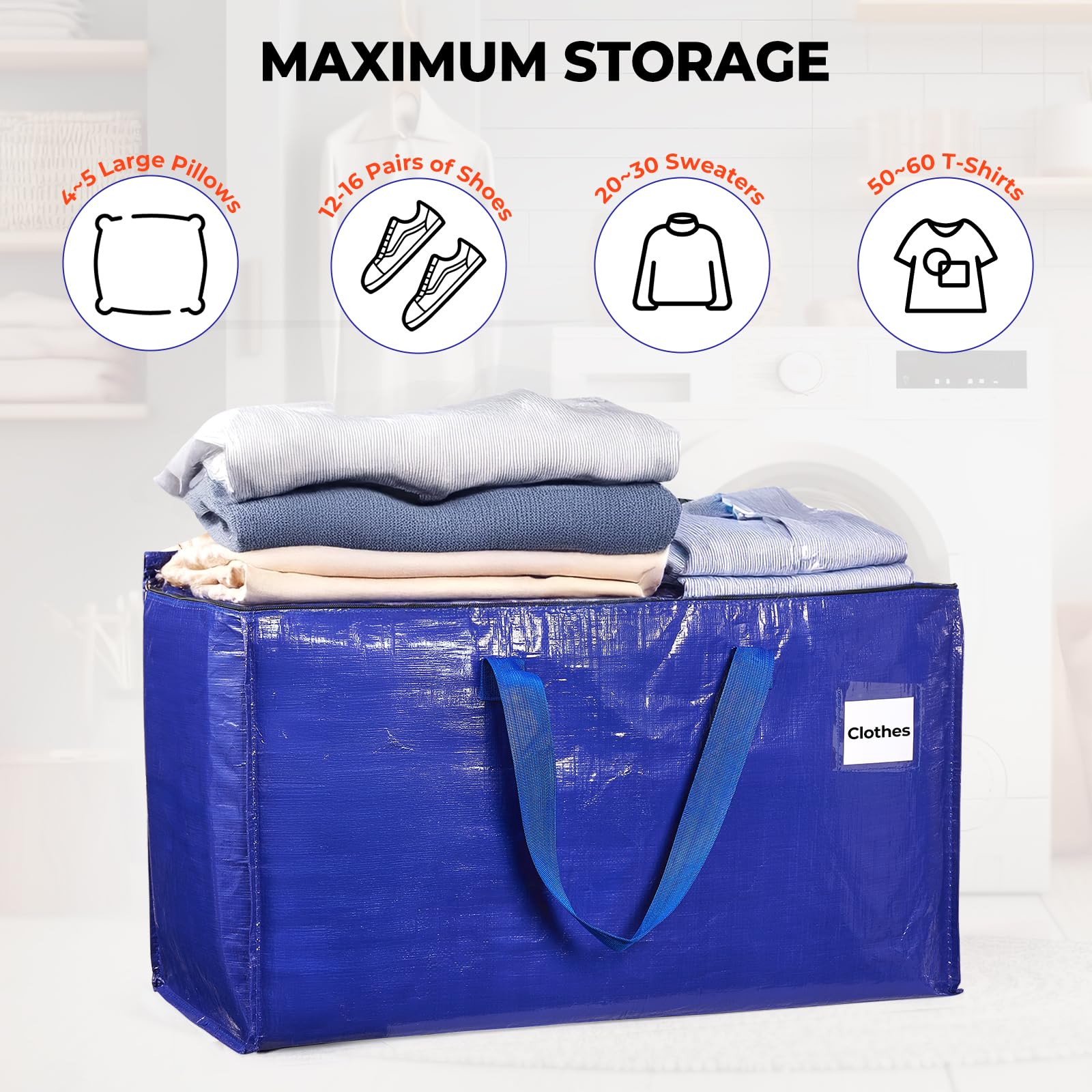 MUNBYN Extra Large Moving Bags, 6 Pack Heavy Duty Storage Bags with Strong Zippers and Handles, Collapsible Storage Totes Moving Supplies for Space Saving, Blue