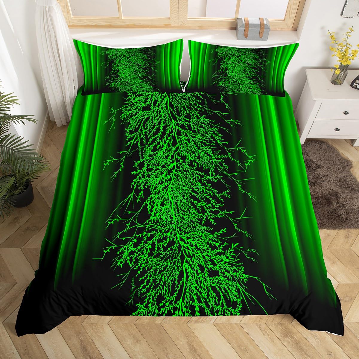 Homemissing Branch and Flowers Print Comforter Cover Set Green Ombre Duvet Cover for Kids Boys Girls Bohemian Exotic Bedding Set Antique Victorian Baroque Decor Quilt Cover 2Pcs Single Size