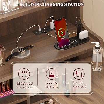 Foldable Nail Desk for Nail Tech, Portable Manicure Table, L Shape Nail Table with Power Outlets & Lockable Drawer & Shelves, Professional Nail Tech Workstation for Home Salon (Walnut)