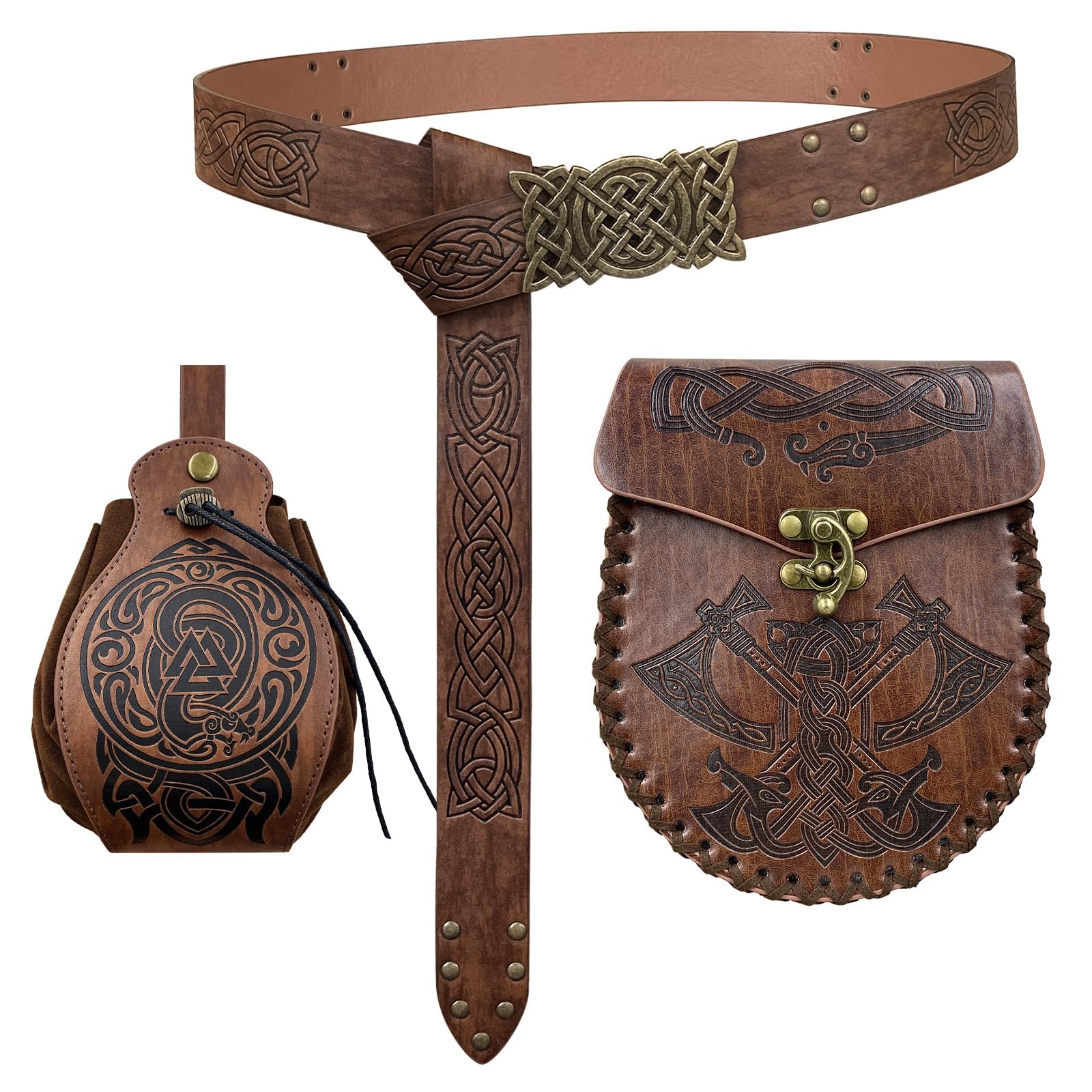 EpicCos 3PCs Medieval Embossed Belt Pouch Set, Viking Buckle Belt Portable Side Bag, Faux Leather Cosplay Accessories (Brown A)