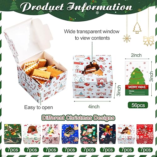 Miniatura 2 de Sliner Paquete de 56 cajas de galletas de Navidad con ventana de 4 x 4 x 3 pulgadas, cajas pequeñas de papel para panadería, dulces de Navidad,