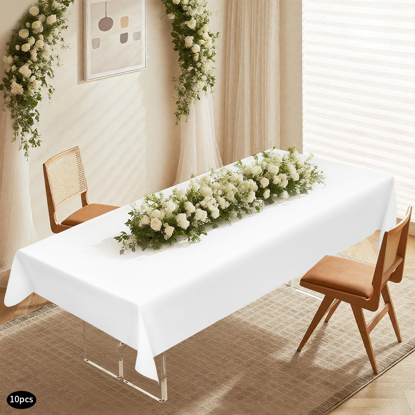 Lot de 10 nappes rectangulaires blanches en polyester pour mariage, fête et Noël - 260 x 153 cm