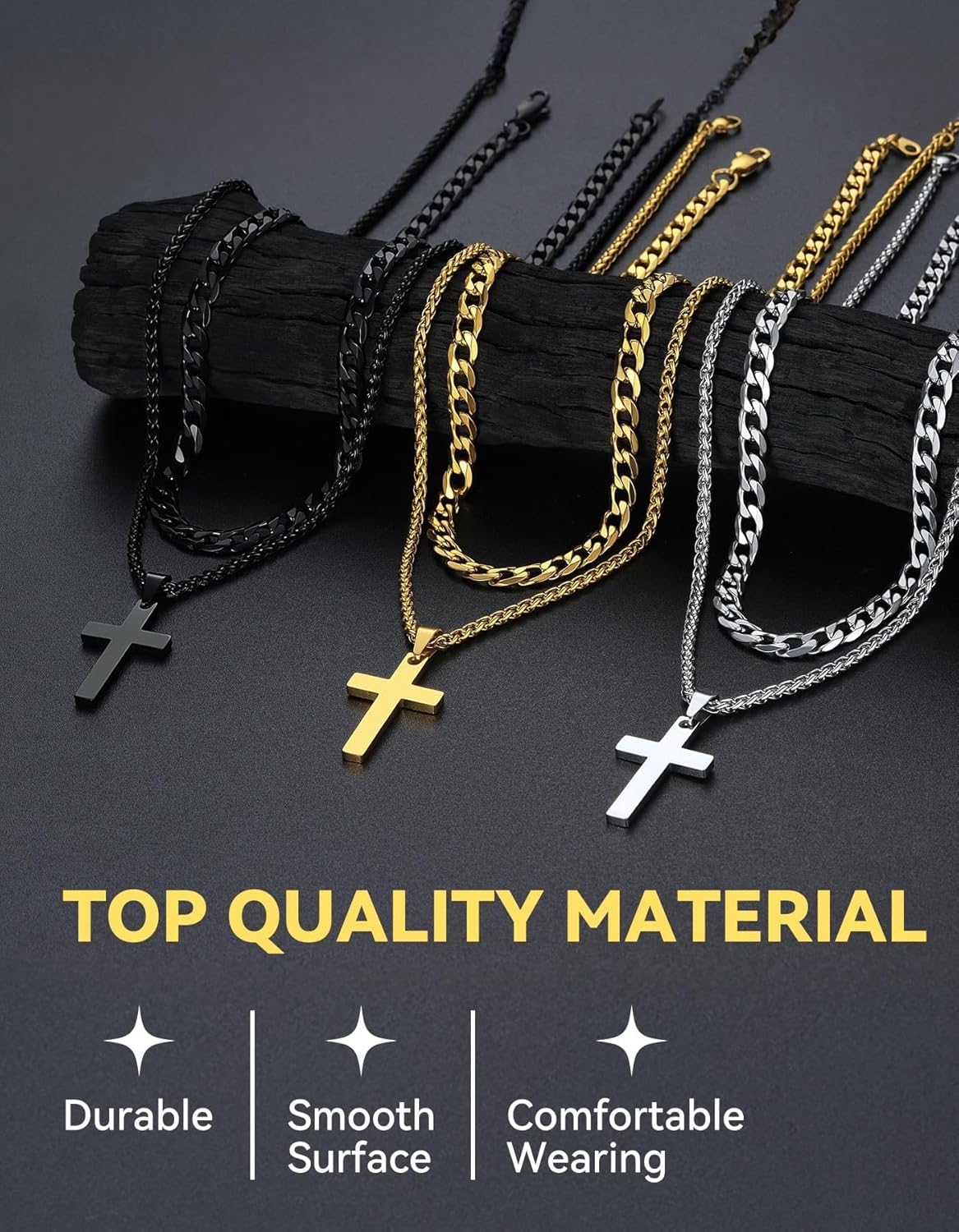 ChainsHouse Layered Cross Necklace for Men, Stainless Steel/Black/Gold Plated Cuban/Barbed Wire Necklace with Cross/Crucifix Pendant Religious Jewelry Gift Set for Dad, Husband - Image 4