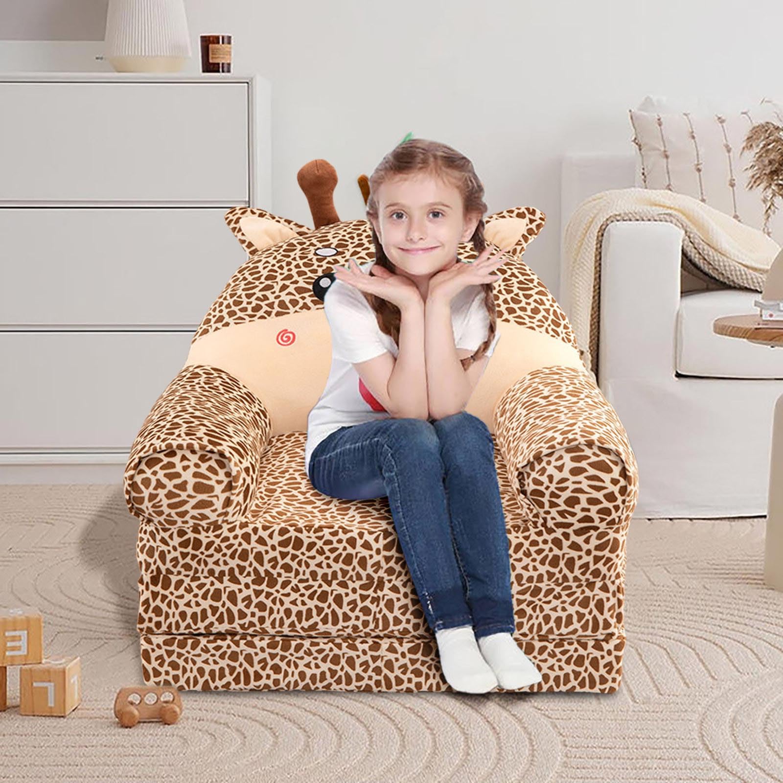 Sofá plegable para niños, sillón reclinable, sofá plegable 2 en 1 para niños, bonito sofá de dibujos animados sin relleno ni núcleo acolchado (caqui, 120 x 55 x 20 cm)