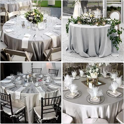 Miniatura 5 de fani Paquete de 6 manteles redondos plateados de 120 pulgadas  Mantel de satén sedoso de alta calidad superpuesto de tela suave, decoración de mesa