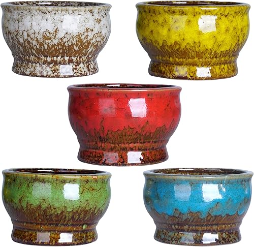 Miniatura 2 de Maceteros de cerámica para suculentas de 4.3pulgadas con drenaje, tamaño pequeño, para flores, plantas de interior y cactus, paquete de 5 unidades