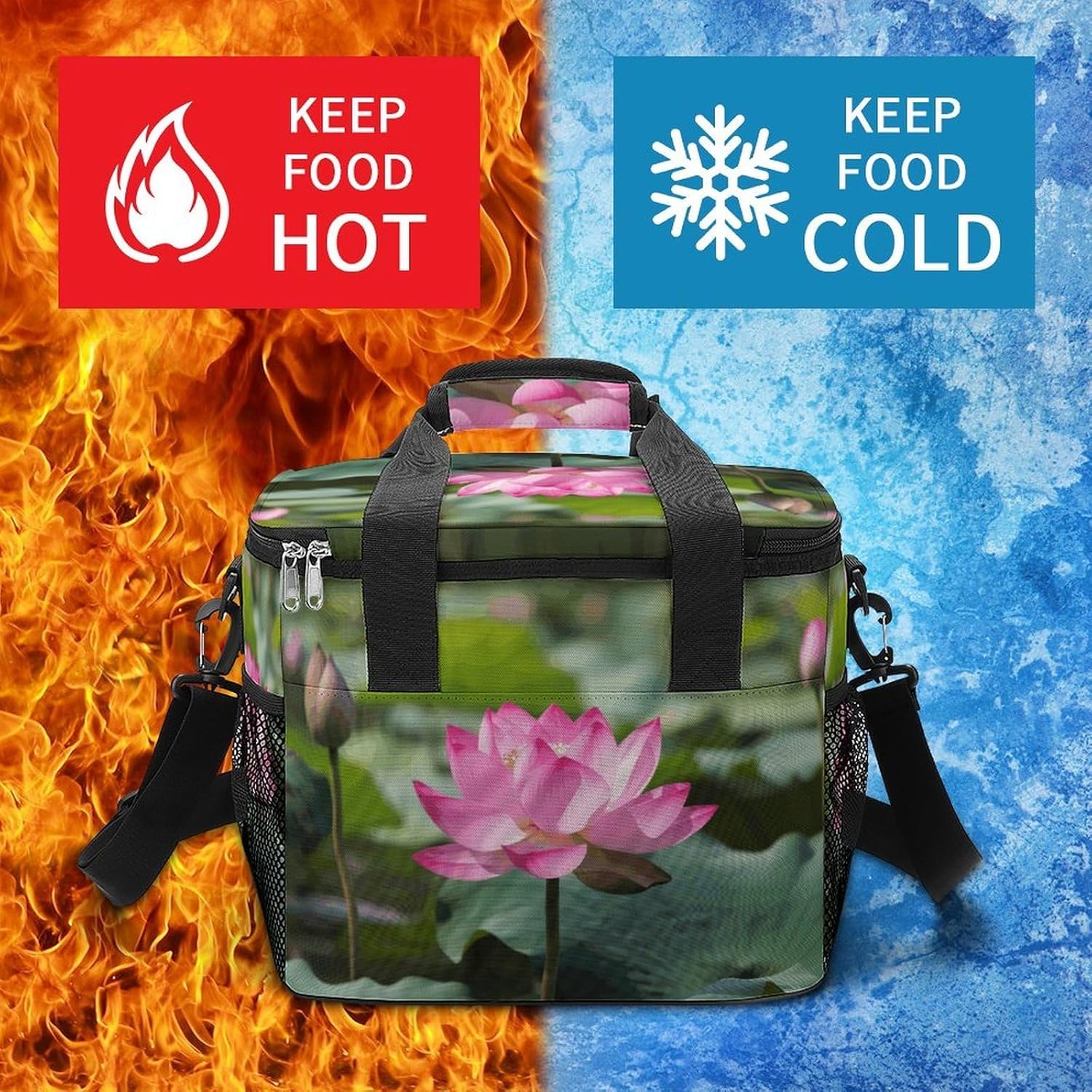 Pink Lotu Flowers Cooler Bags Portable Soft Cooler Bag Lightweight Ice Chest Insulated Lunch Bags Camping Cooler Bag Cooler Lunch Tote Coolers for Picnic Travel Beach