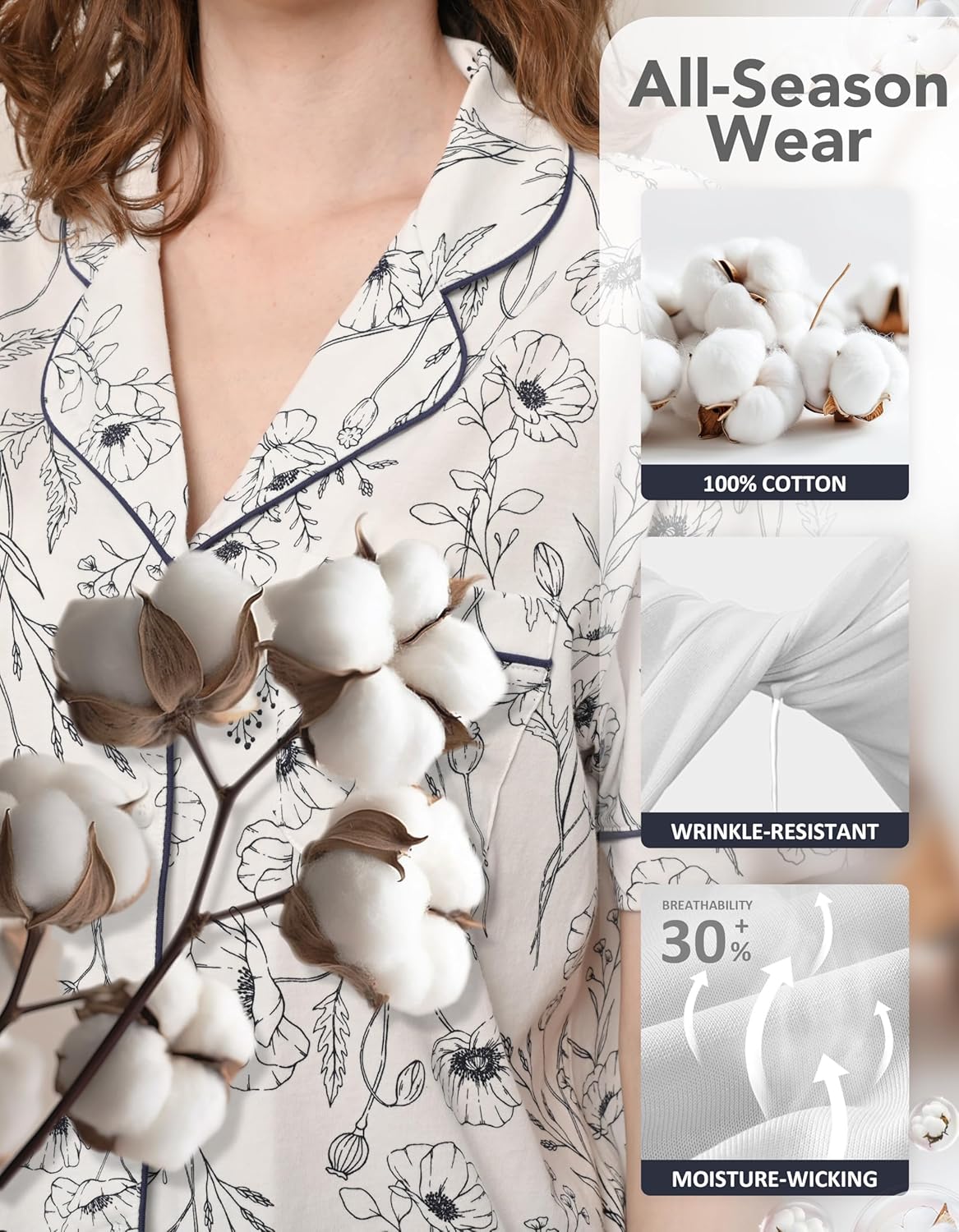 100% Cotton Pajamas for Women Sets 2 Pieces Pjs Button short sleeves with Pockets Soft Sleepwear Loungewear XS-XXL - Image 3