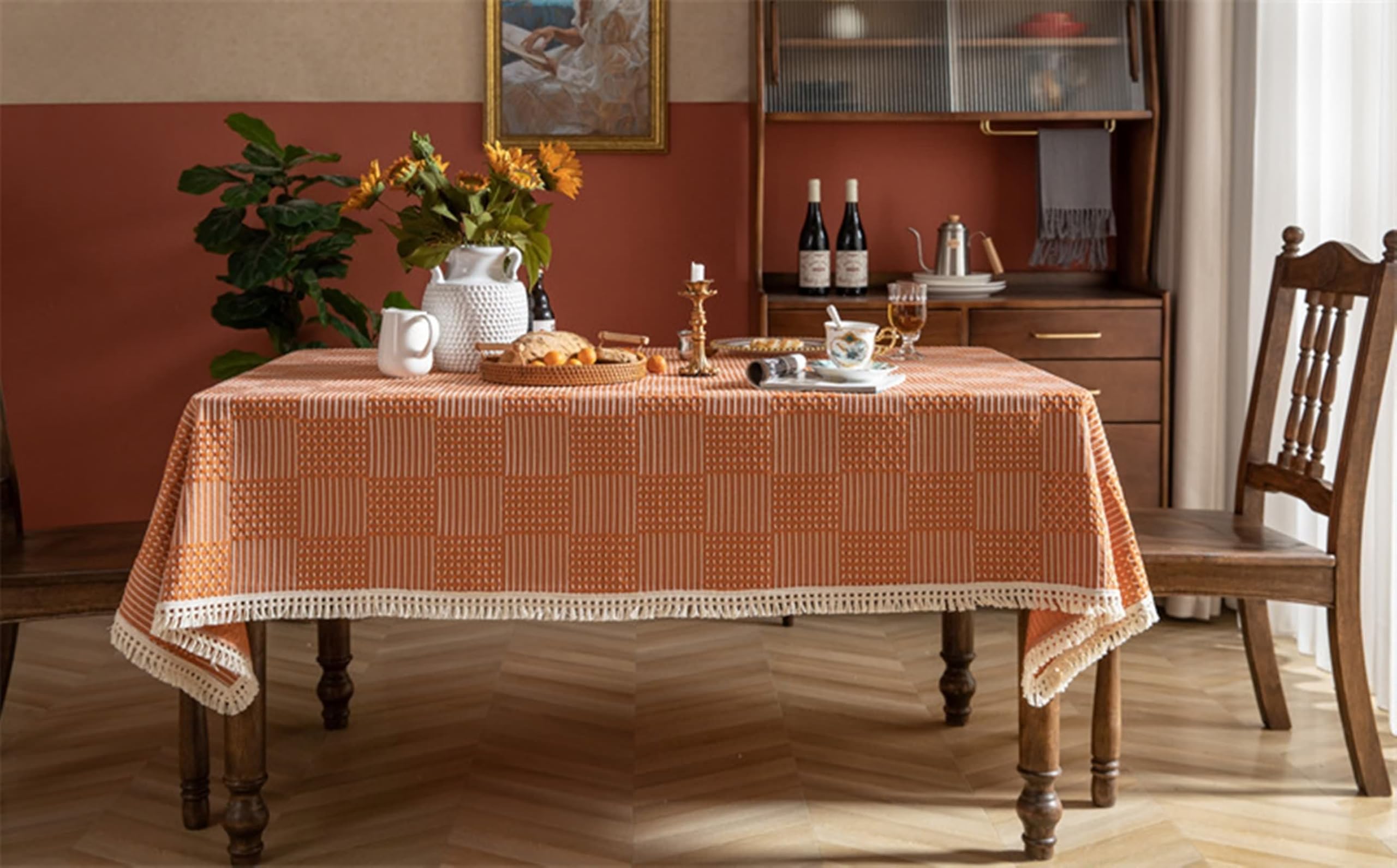 Mantel Lavable Rectangular Naranja Exterior, Bordado de Geométrico con Borlas, de Poliéster Fácil de Limpiar, 140 x 300 cm, Mantel para Mesa de Centro
