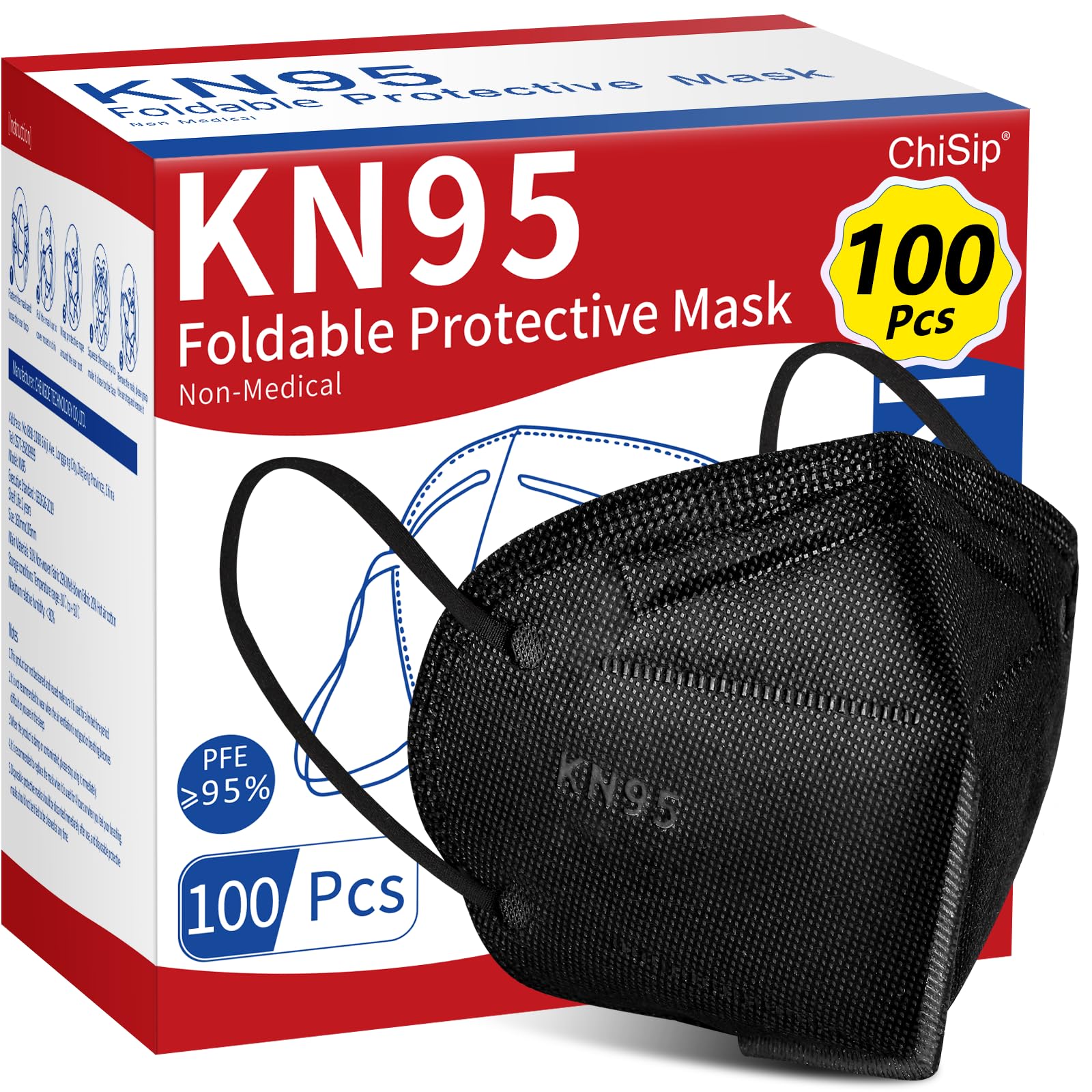 ChiSip KN95 Face Mask 100Pcs, 5 Layer Design Cup Dust Safety Masks, Breathable Protection Masks Against PM2.5 Dust for Adult, Men, Women, Black