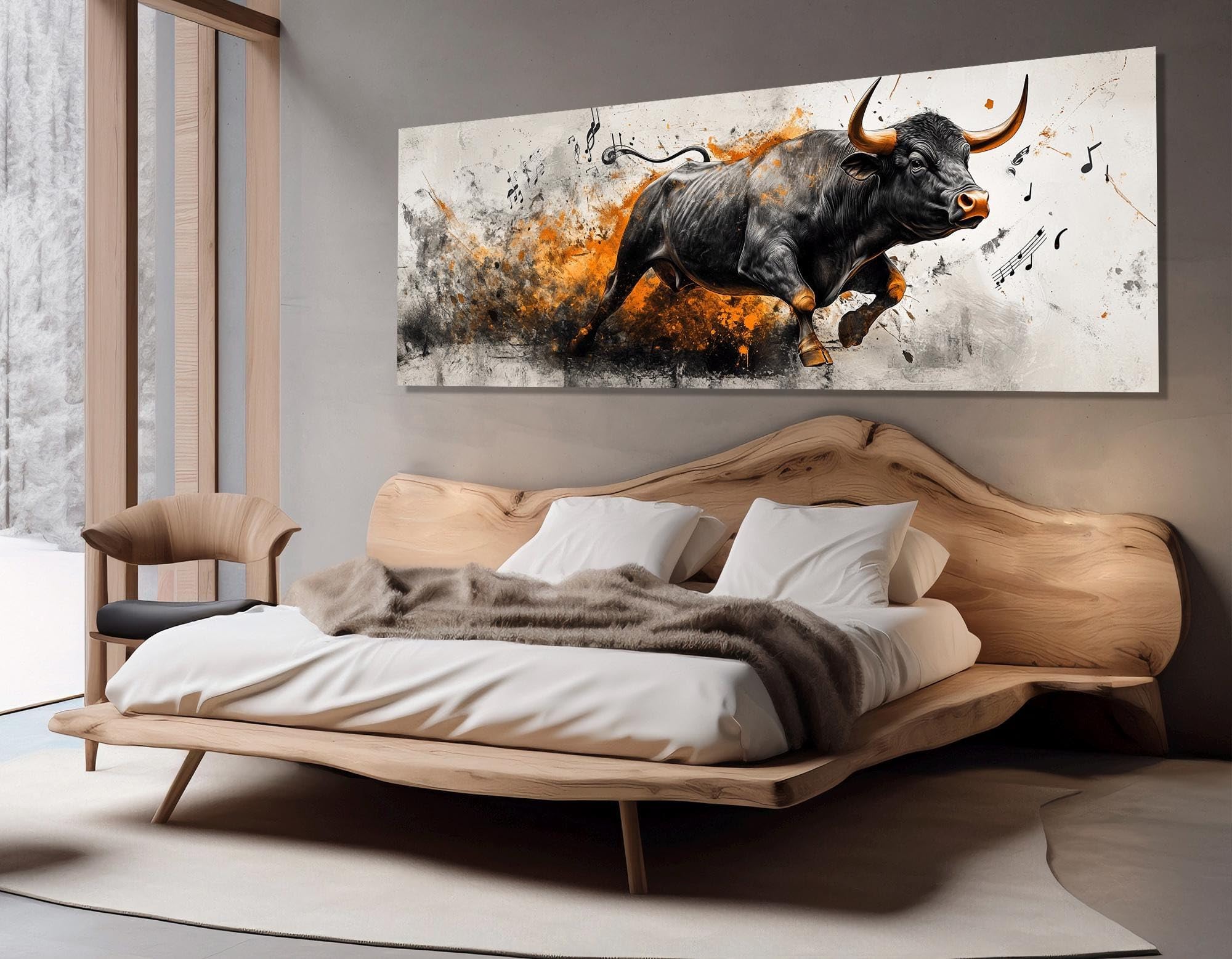 CAOXTART Dipinto astratto di un toro che carica, stampa di poster musicali, tela con note musicali, per soggiorno, decorazione murale per la casa (40x120 cm/cornice interna)