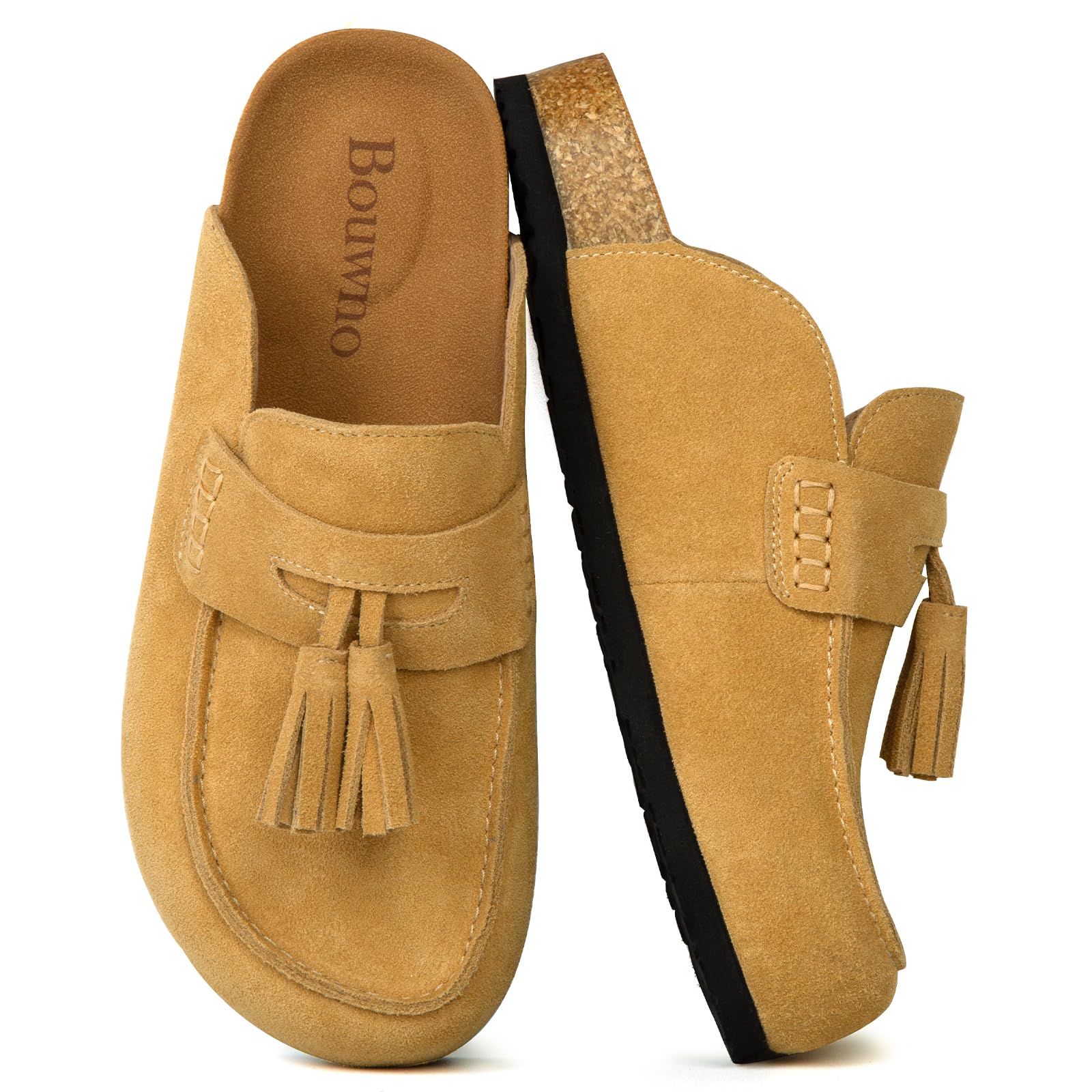 Suede Clogs for Women Genuine Leather Mules with Tassel Fringe Comfort Cork Footbed Women's Slip On Casual Shoes Closed Round Toe Slides with Arch Support-image-46