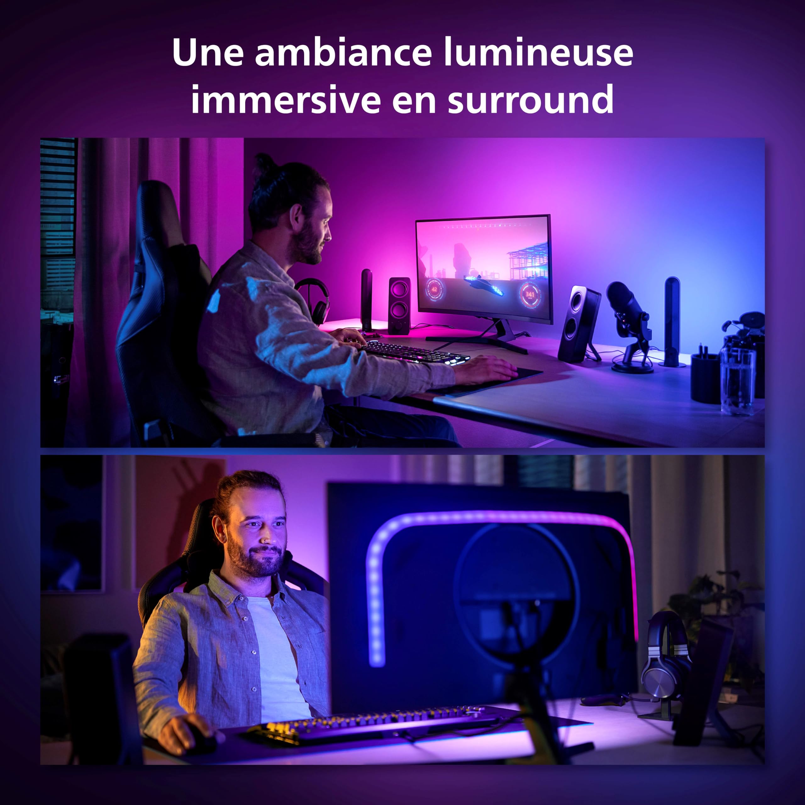Philips Hue White and Color, Kit démarrage Lightstrip Hue Play gradient PC, écran 24-27 pouces + Pont, synchronisation de la lumière avec le jeu, compatible Alexa, Google et Apple Homekit