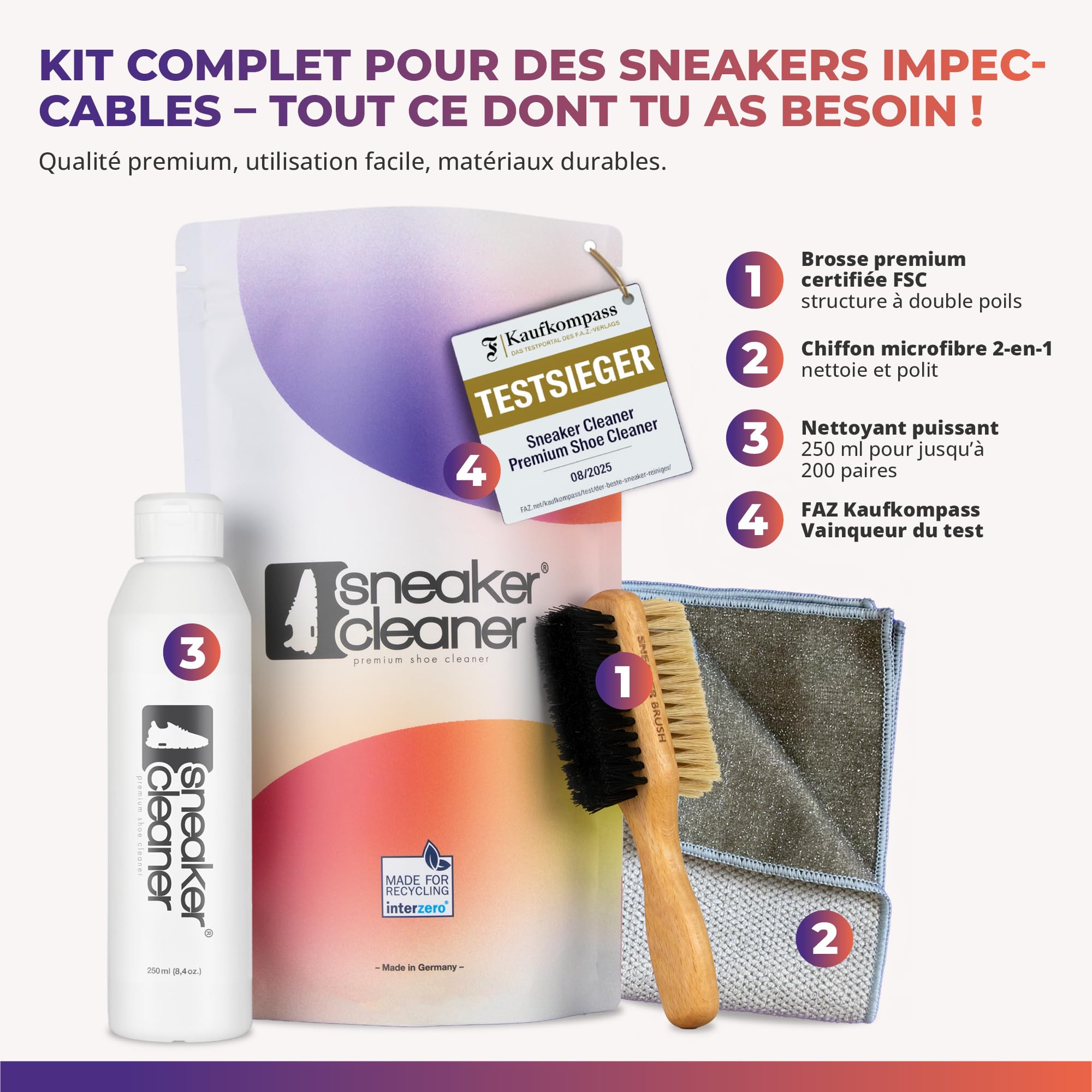 Kit Premium Nettoyage Sneakers 3 pièces | Avec brosse en bois et chiffon microfibre. Pour baskets, daim, nubuck et mesh. Nettoyage efficace et soin tout en douceur.