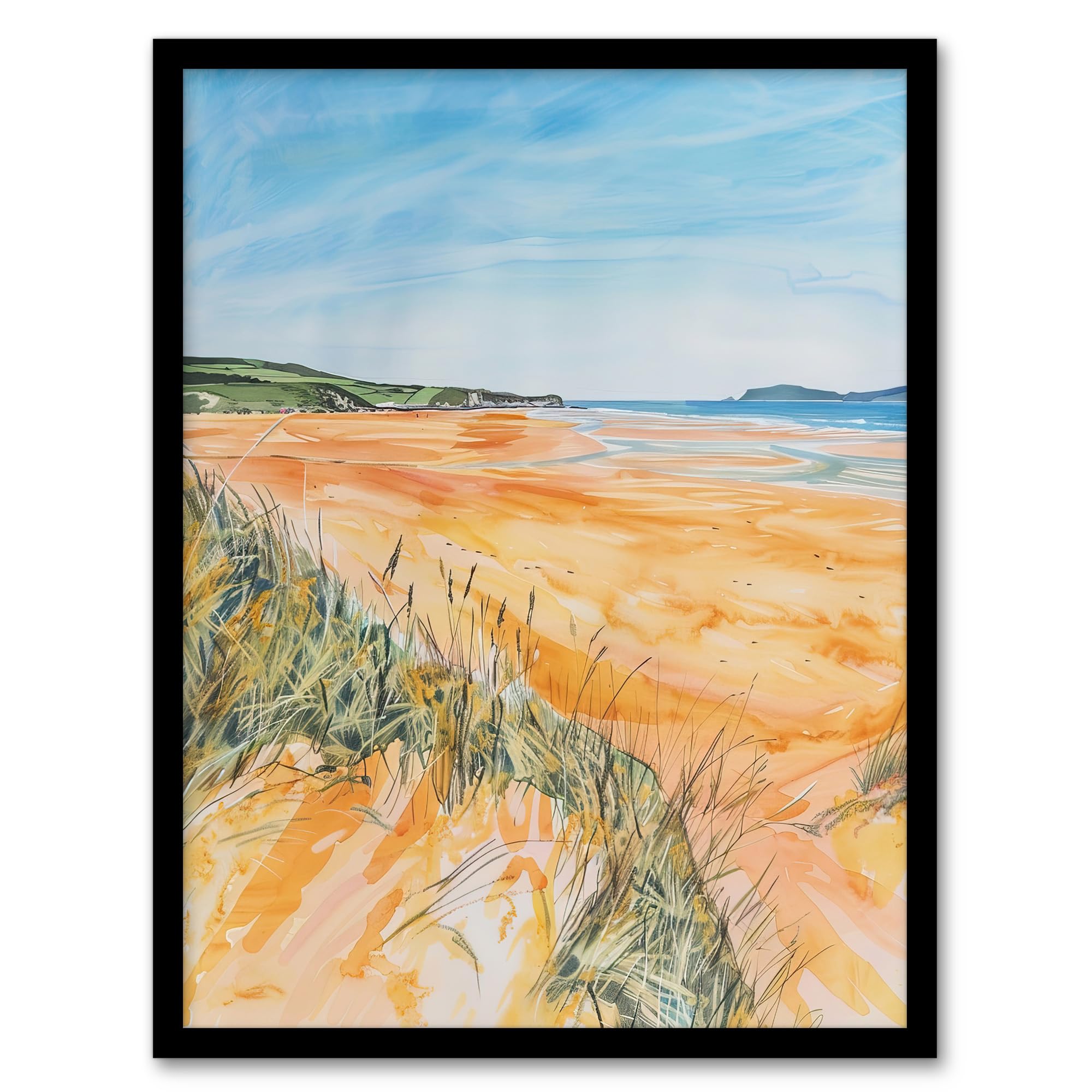 Artery8 Woolacombe Beach Seaside Landscape Watercolour Bathroom Toilet Artwork Framed Wall Art Print 18X24 Inch