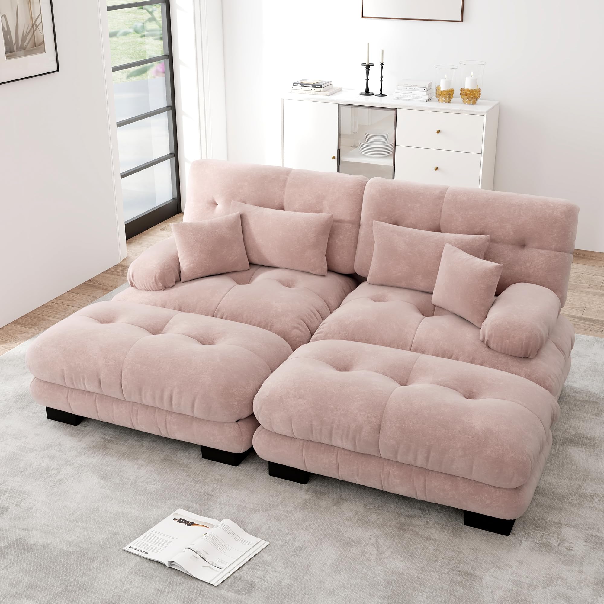 Cloud Divano angolare in ciniglia, 2 cuscini lombari, 2 cuscini decorativi, divano imbottito con braccioli larghi, 2 ottomani ciniglia rosa per soggiorno