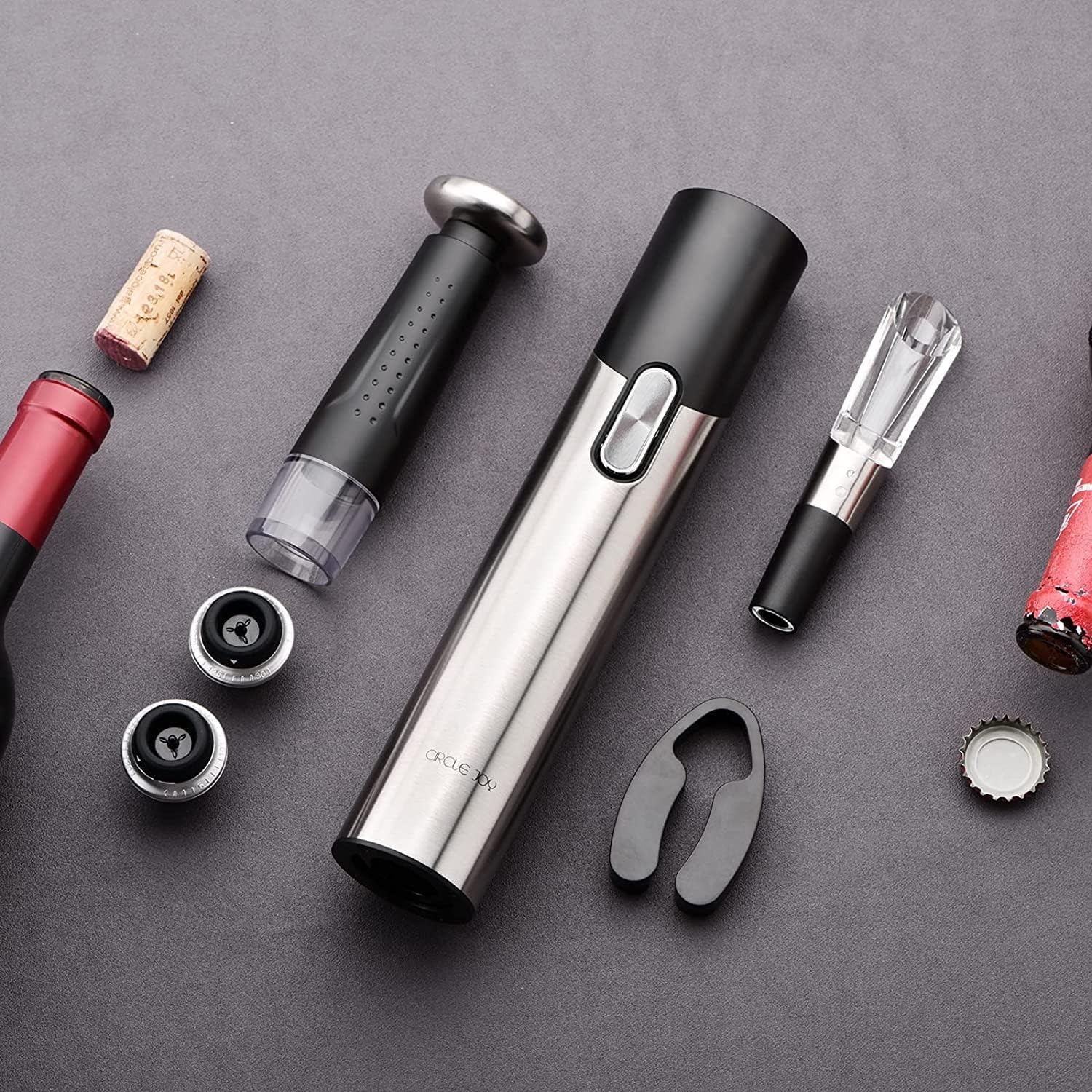 CIRCLE JOY Elektrischer Korkenzieher, 7 in 1, wiederaufladbar, Geschenkset für Wein und Bier, mit Sockel, Folienschneider, Weinbelüfter, Vakuumpumpe und 2 Weinkorken