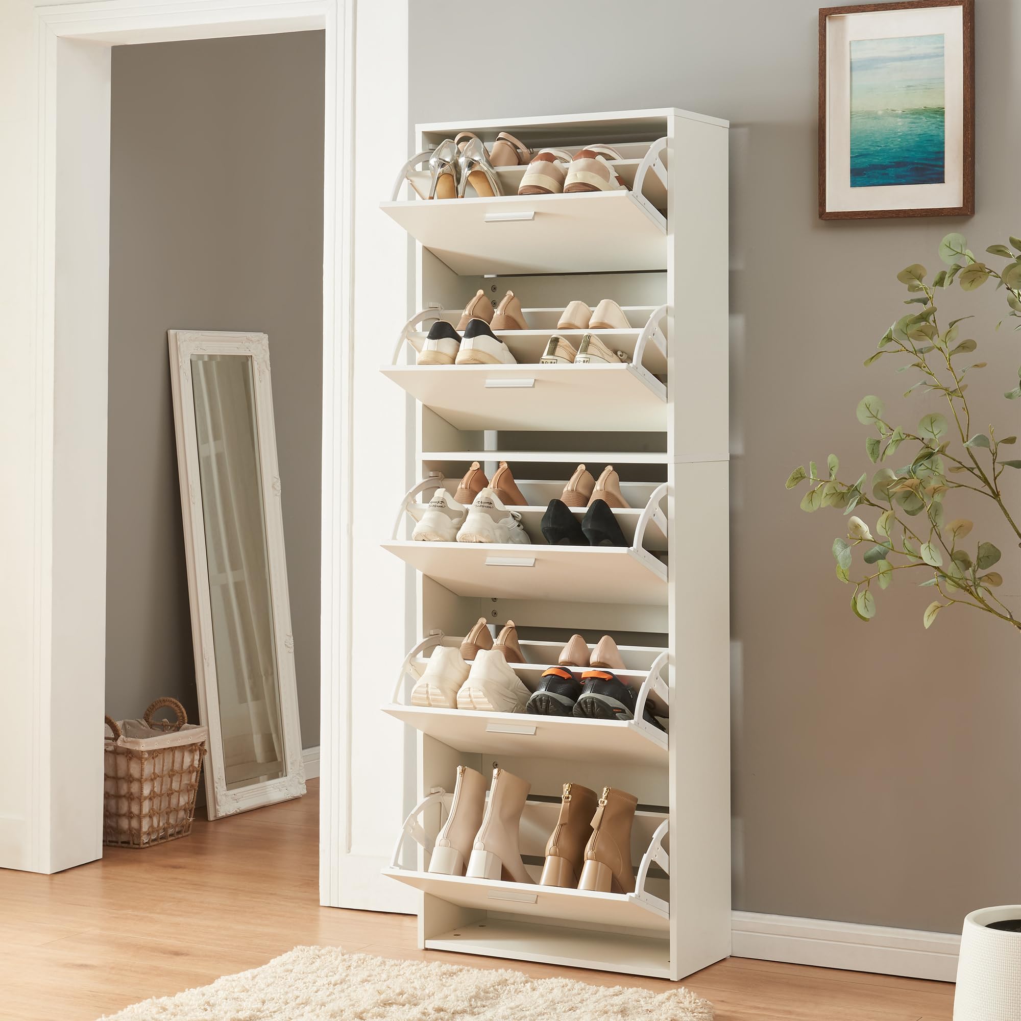[en.casa] Scarpiera Salvaspazio con 5 Ante a Ribalta Armadio Portascarpe Alto Stretto per Ingresso Corridoio 169 x 60 x 81cm Bianco